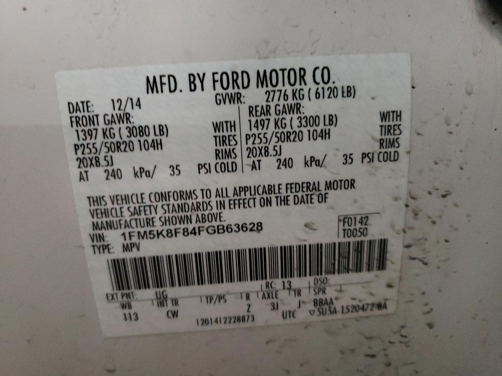 Photo 10 from auction – 2015 FORD EXPLORER L with VIN 1FM5K8F84FGB63628