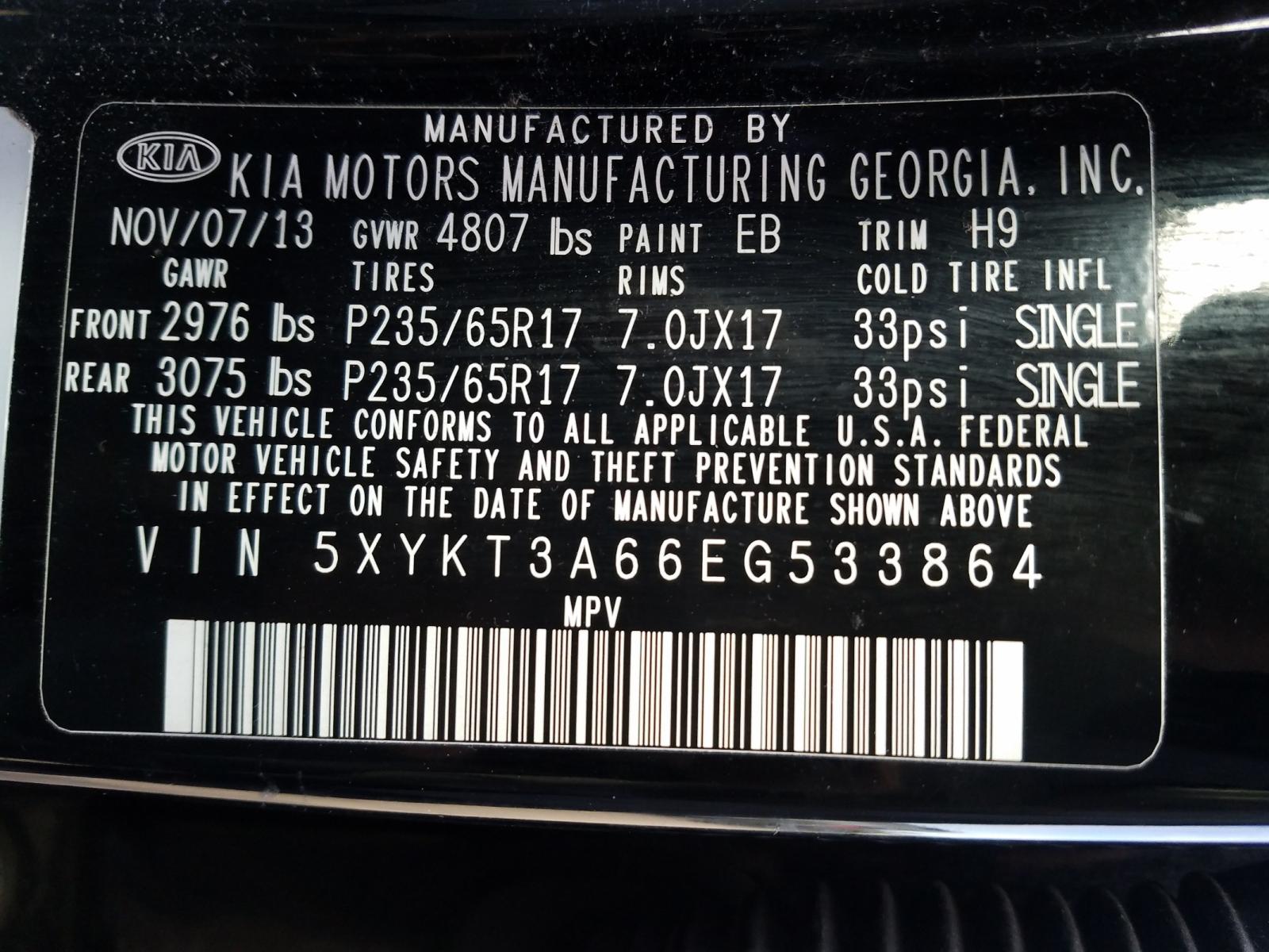 Photo 10 from auction – 2014 KIA SORENTO LX with VIN 5XYKT3A66EG533864