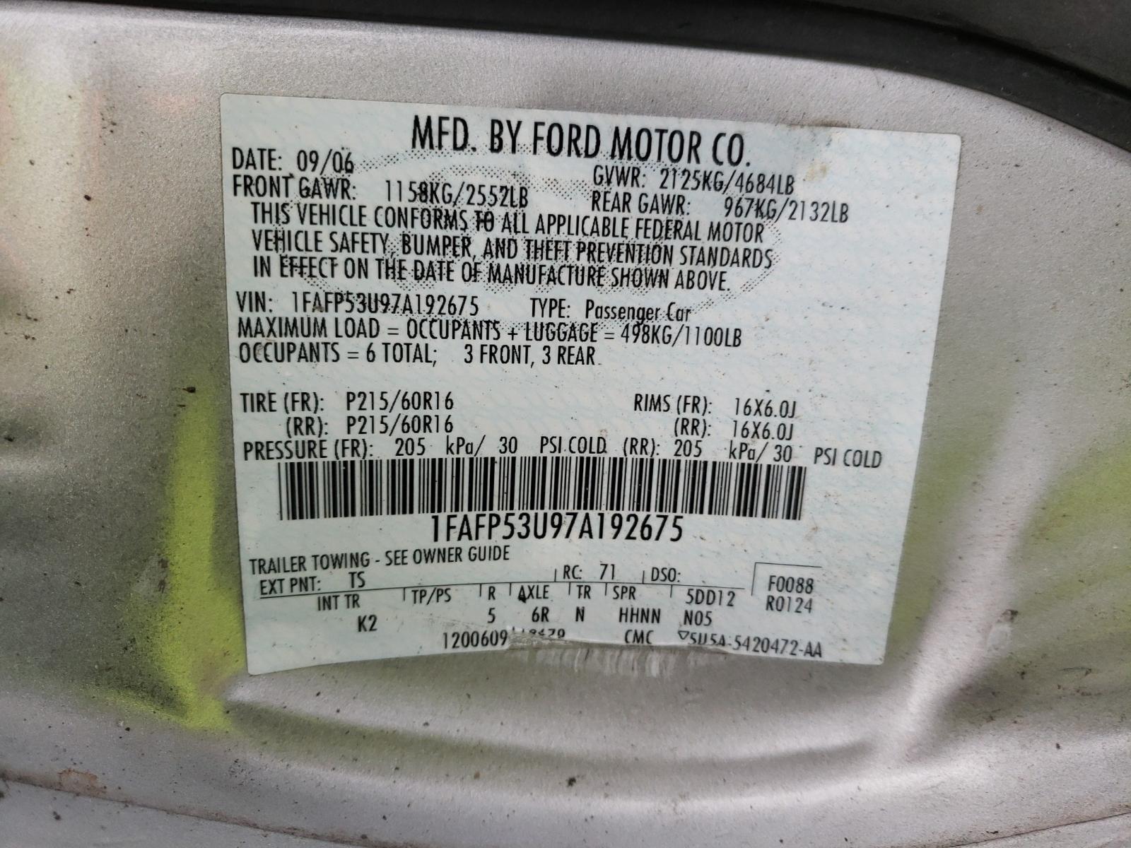Photo 10 from auction – 2007 FORD TAURUS SE with VIN 1FAFP53U97A192675