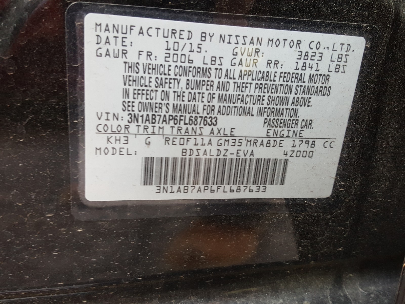 Photo 10 from auction – 2015 NISSAN SENTRA S with VIN 3N1AB7AP6FL687633