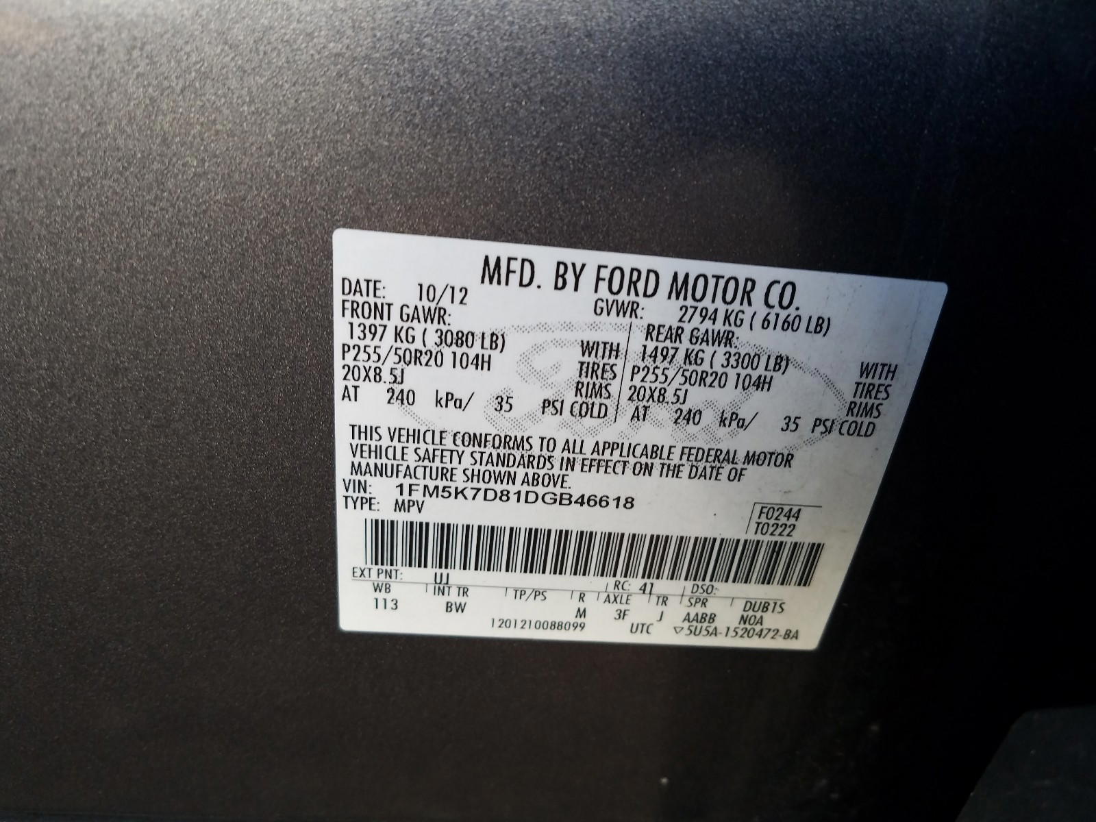 Photo 10 from auction – 2013 FORD EXPLORER X with VIN 1FM5K7D81DGB46618