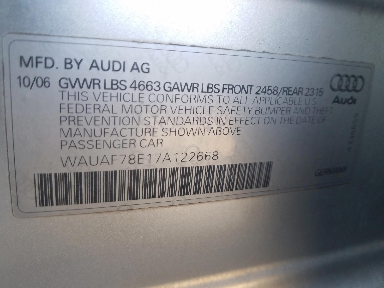 Photo 10 from auction – 2007 AUDI A4 2 with VIN WAUAF78E17A122668