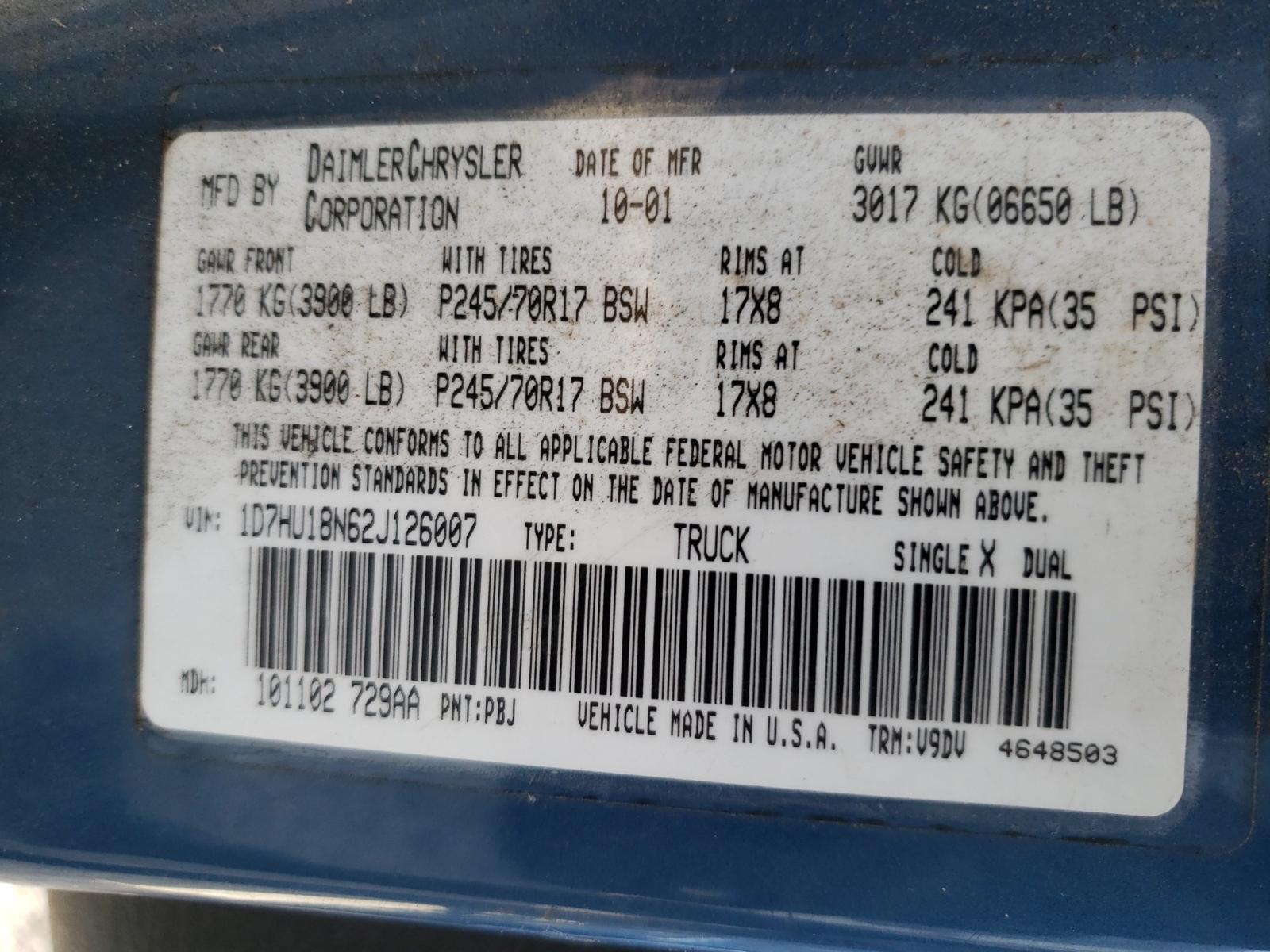 Photo 10 from auction – 2002 DODGE RAM 1500 with VIN 1D7HU18N62J126007