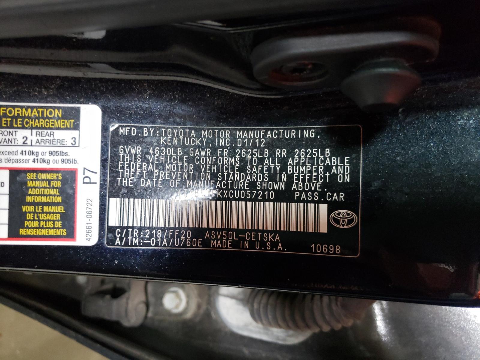Photo 10 from auction – 2012 TOYOTA CAMRY BASE with VIN 4T1BF1FKXCU057210
