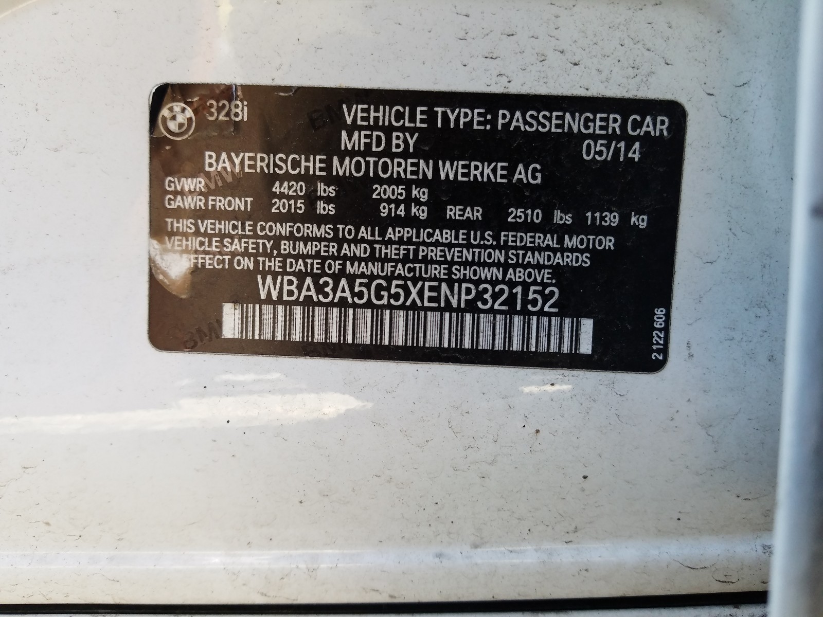 Photo 10 from auction – 2014 BMW 328 I with VIN WBA3A5G5XENP32152