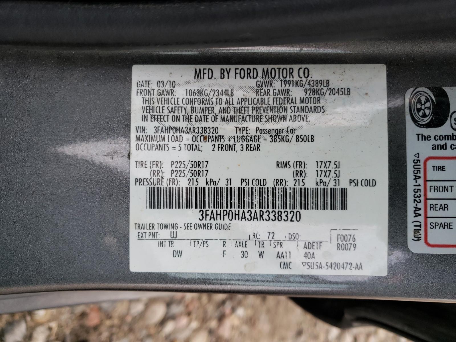 Photo 10 from auction – 2010 FORD FUSION SE with VIN 3FAHP0HA3AR338320