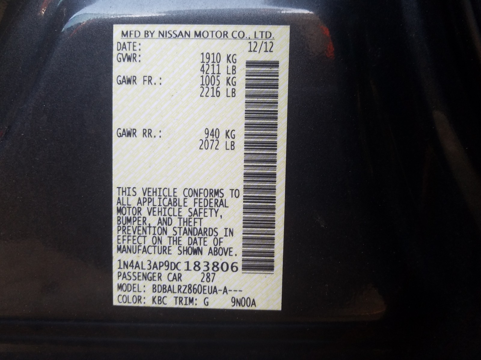 Photo 10 from auction – 2013 NISSAN ALTIMA 2.5 with VIN 1N4AL3AP9DC183806