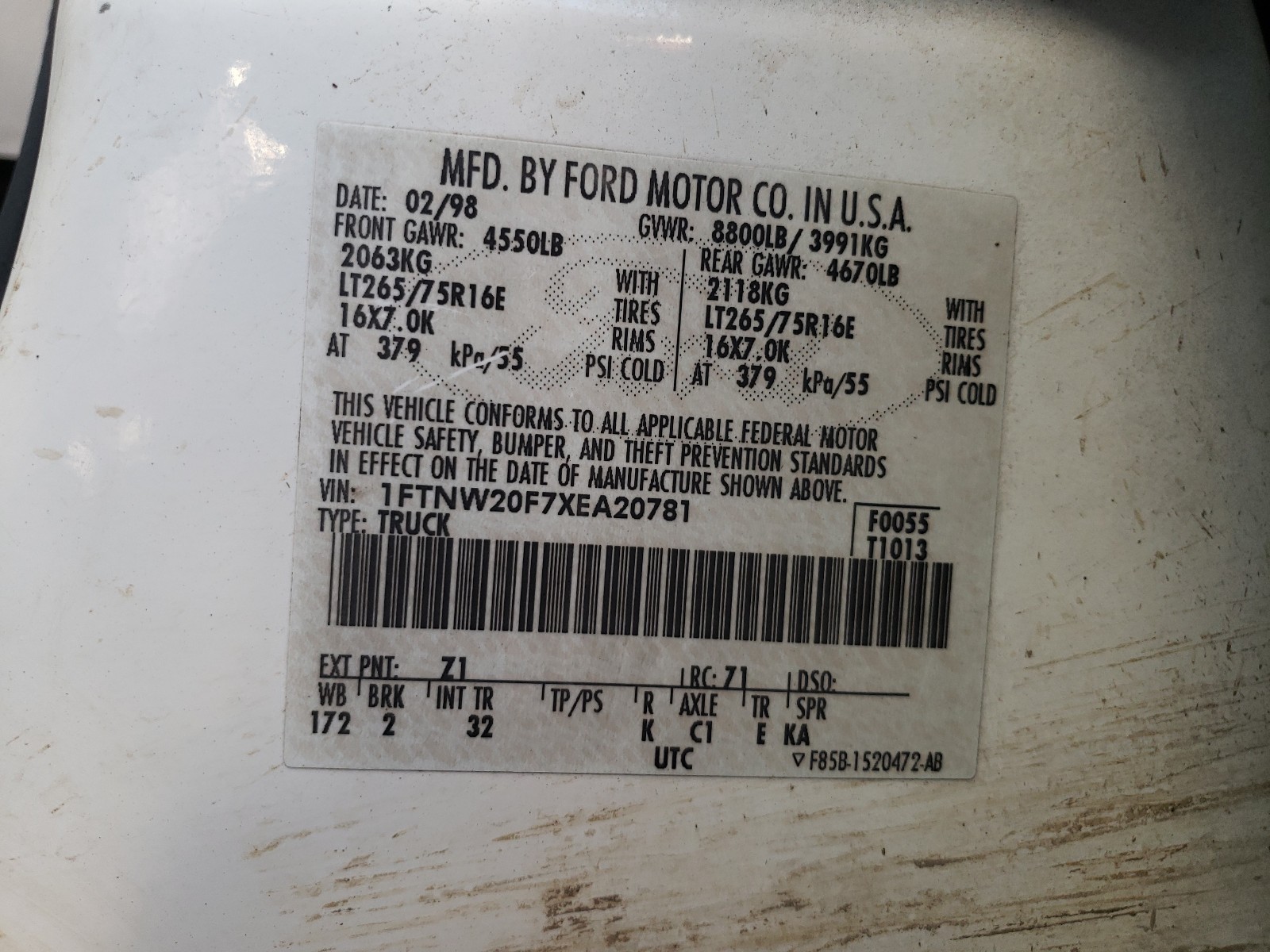 Photo 10 from auction – 1999 FORD F250 SUPER with VIN 1FTNW20F7XEA20781