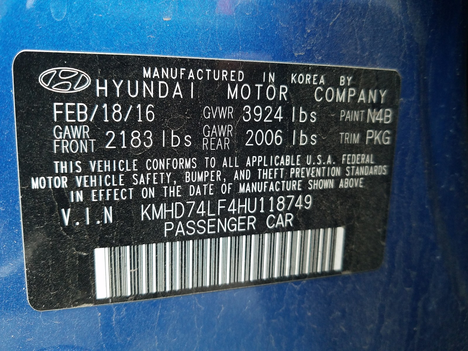 Photo 10 from auction – 2017 HYUNDAI ELANTRA with VIN KMHD74LF4HU118749