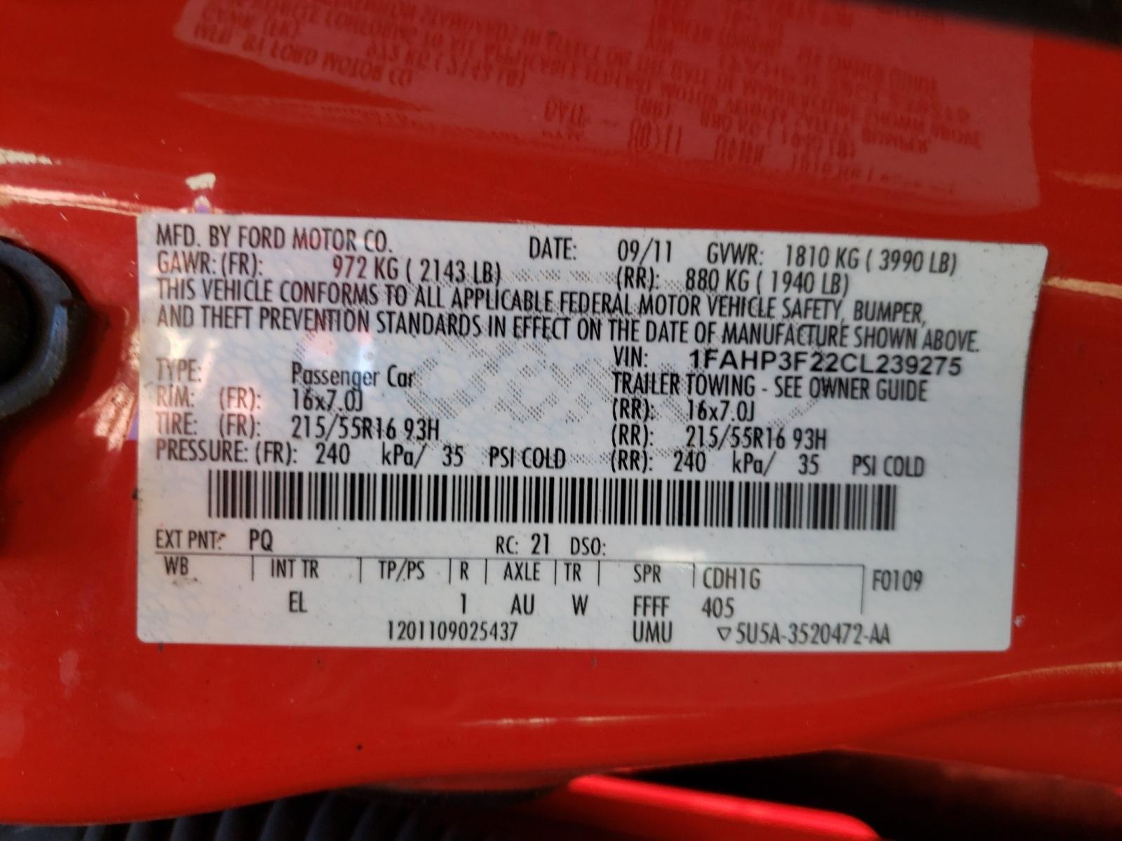 Photo 10 from auction – 2012 FORD FOCUS SE with VIN 1FAHP3F22CL239275
