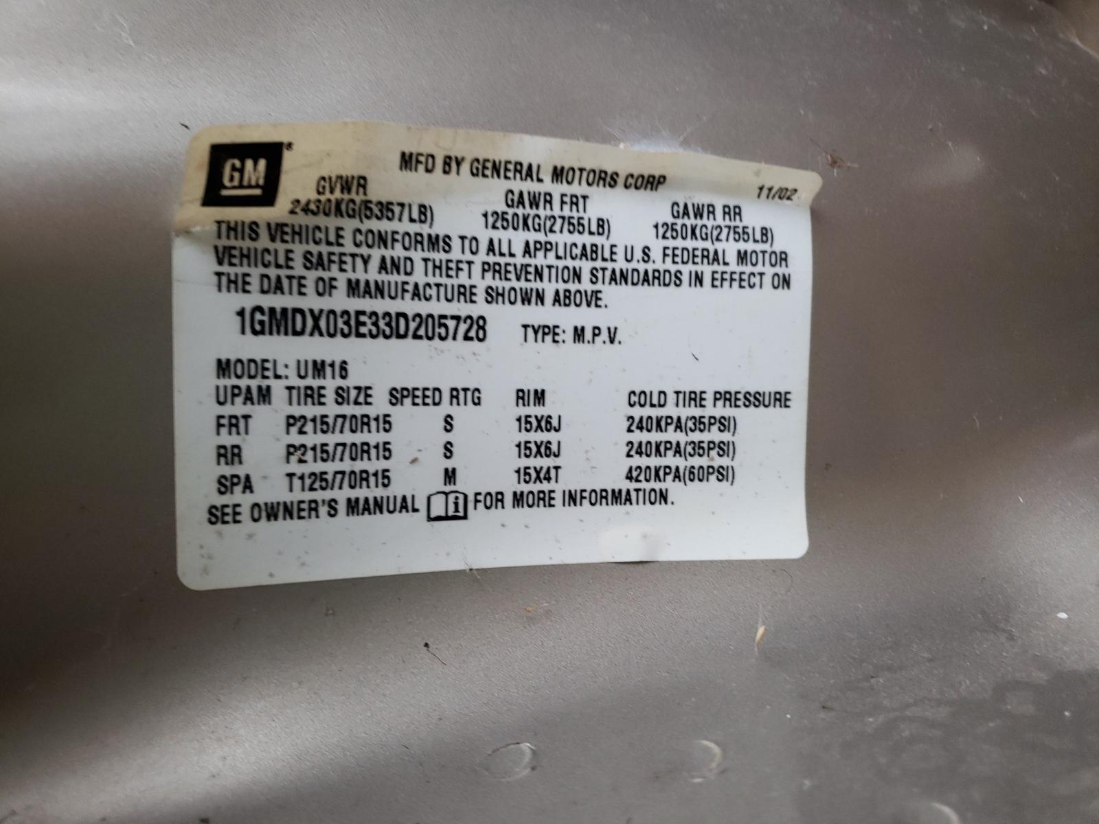 Photo 10 from auction – 2003 PONTIAC MONTANA with VIN 1GMDX03E33D205728