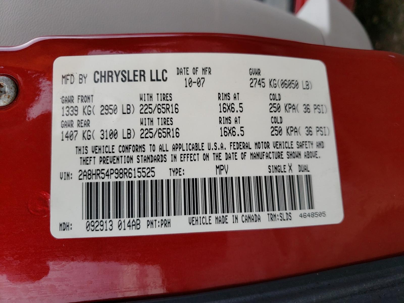 Photo 10 from auction – 2008 CHRYSLER TOWN & COU with VIN 2A8HR54P98R615525