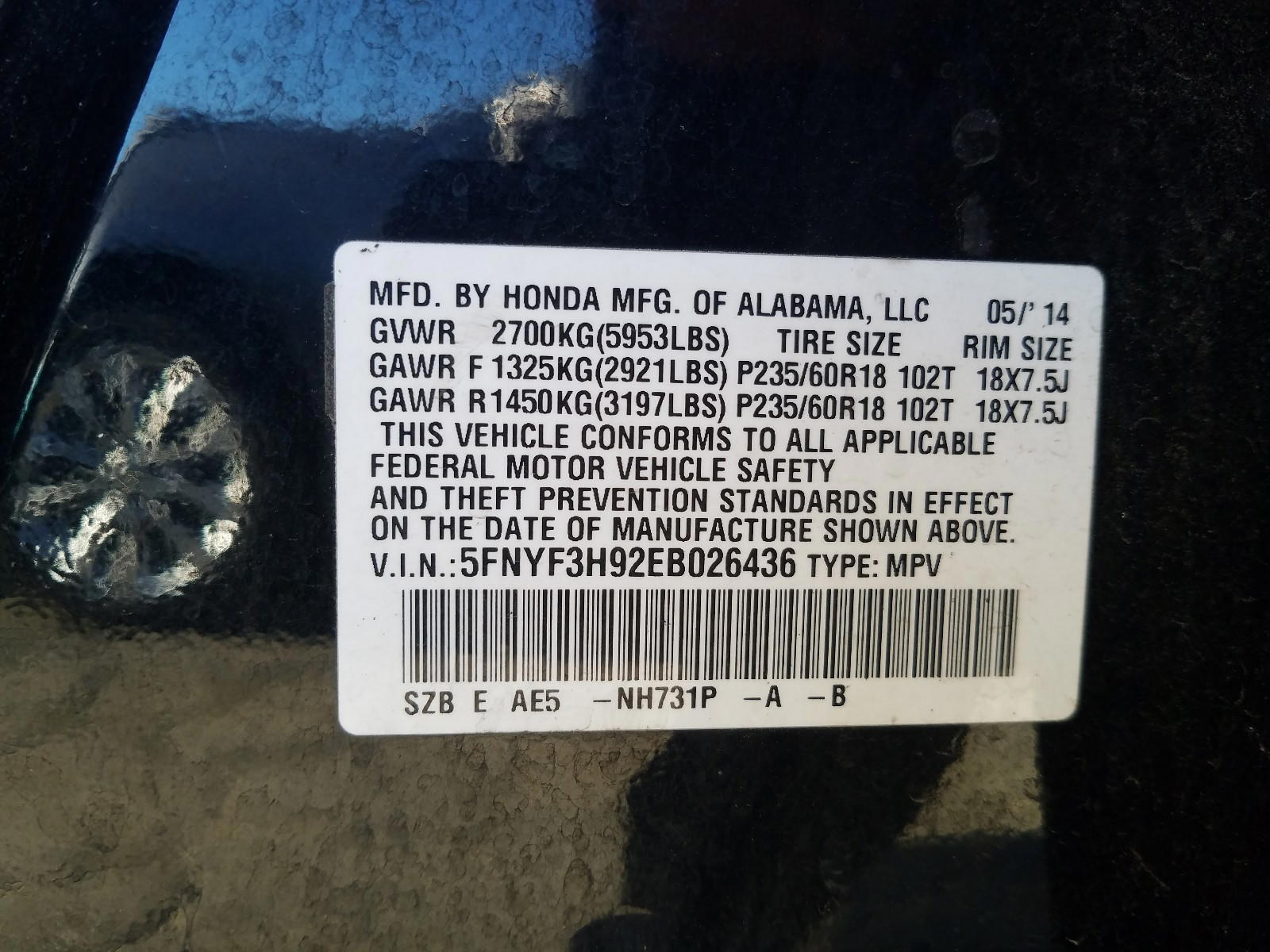 Photo 10 from auction – 2014 HONDA PILOT TOUR with VIN 5FNYF3H92EB026436