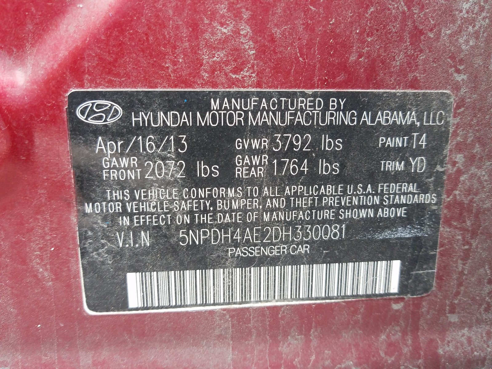 Photo 10 from auction – 2013 HYUNDAI ELANTRA GL with VIN 5NPDH4AE2DH330081