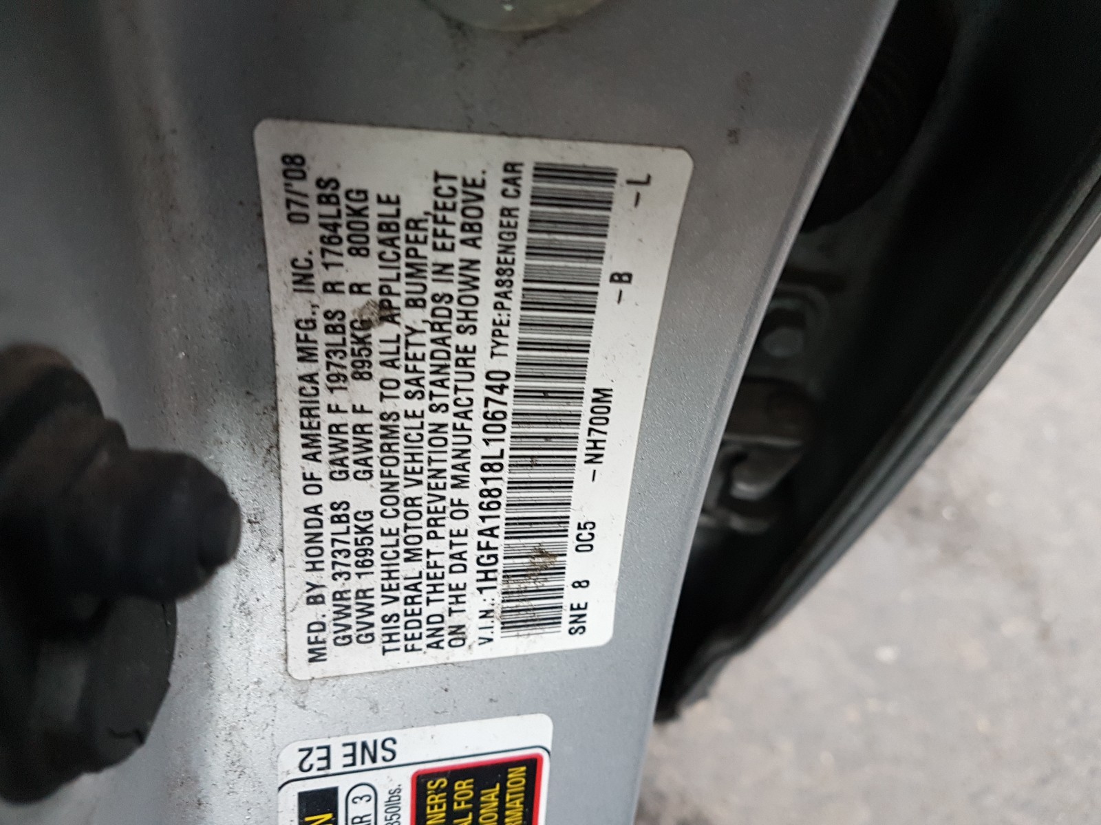 Photo 10 from auction – 2008 HONDA CIVIC EX with VIN 1HGFA16818L106740
