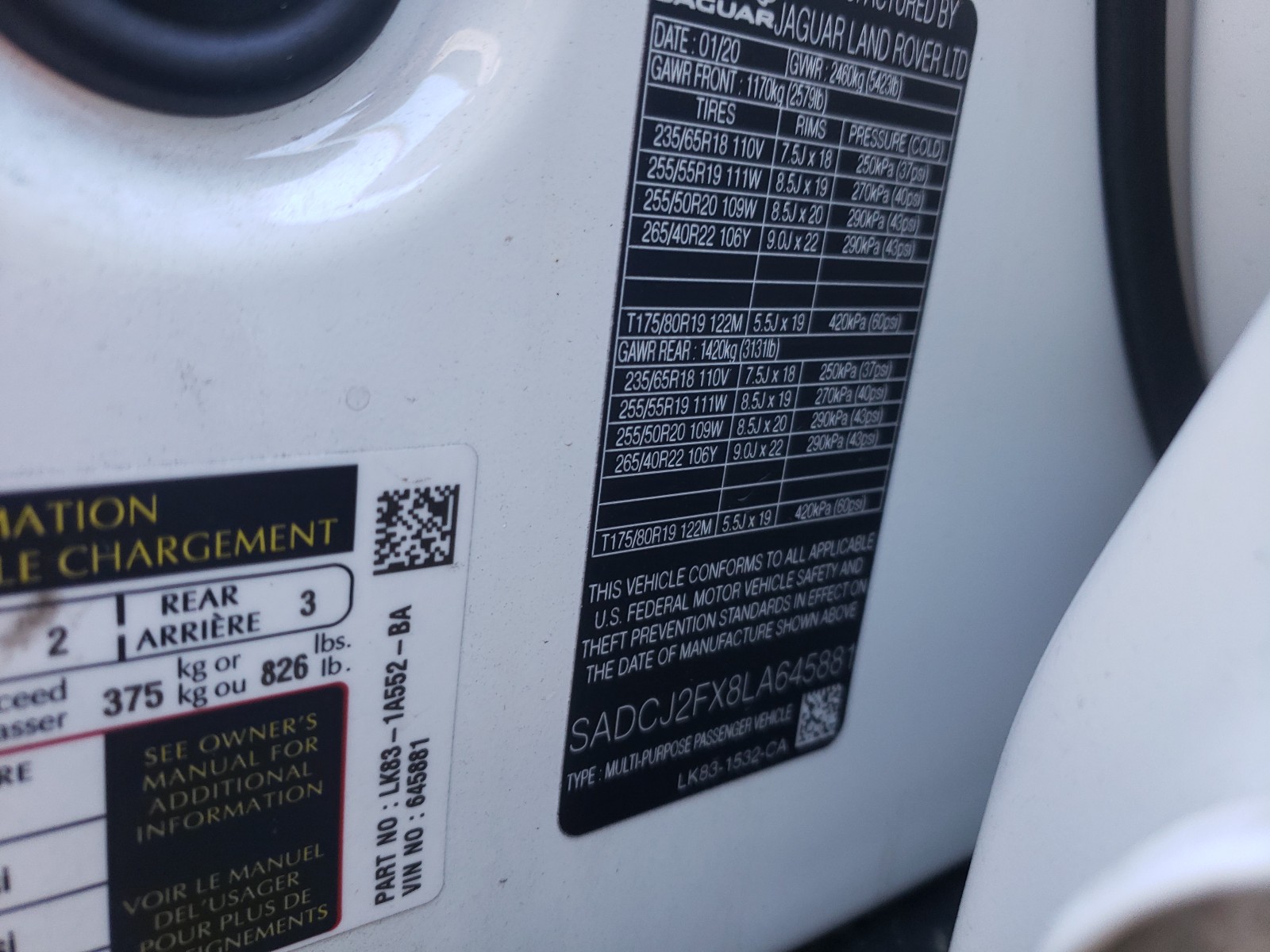 Photo 10 from auction – 2020 JAGUAR F-PACE PRE with VIN SADCJ2FX8LA645881