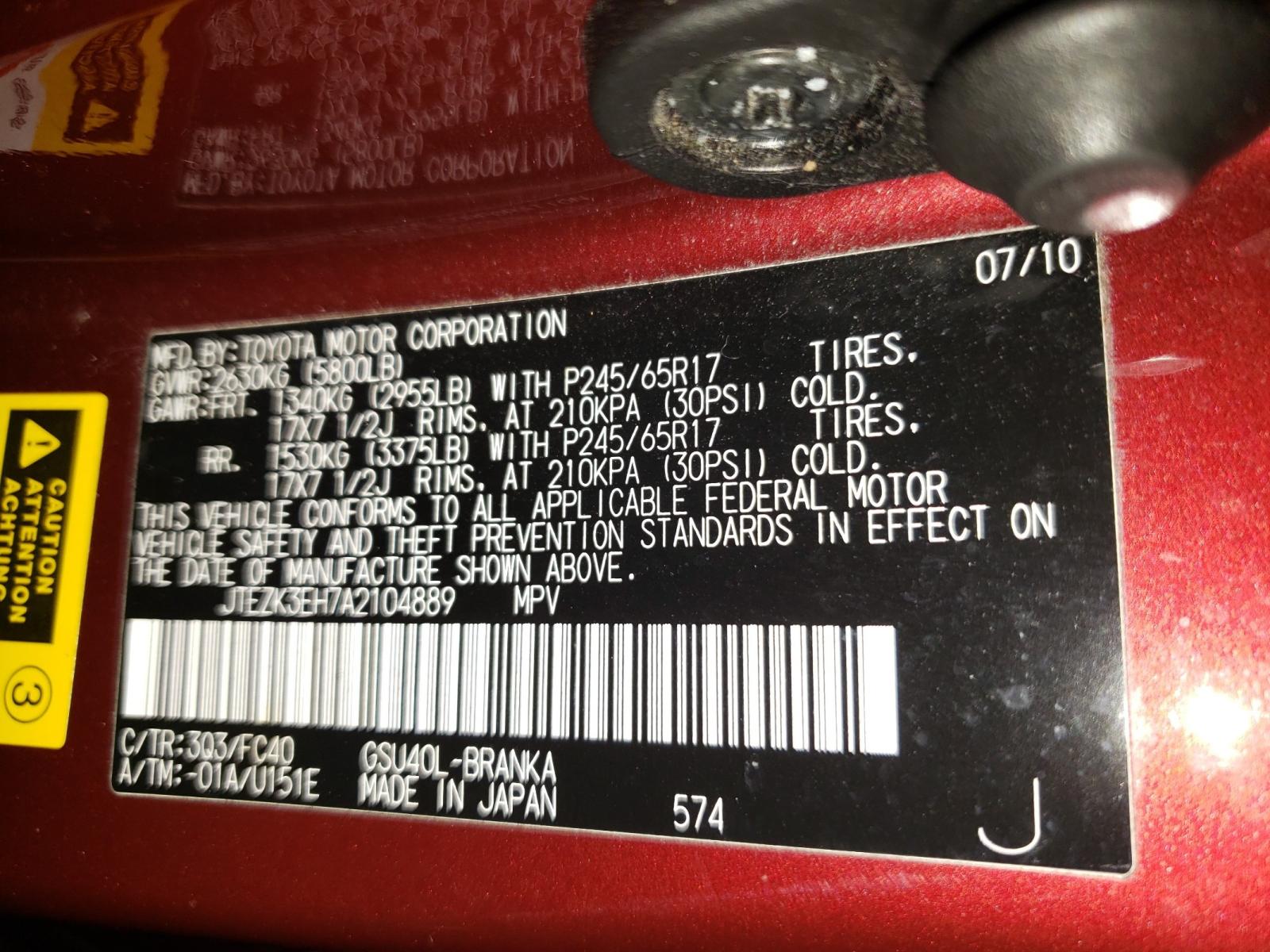 Photo 10 from auction – 2010 TOYOTA HIGHLANDER with VIN JTEZK3EH7A2104889