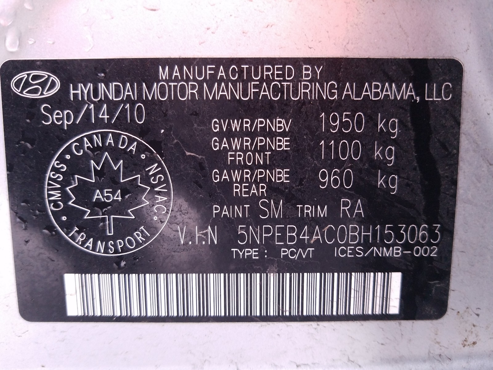 Photo 10 from auction – 2011 HYUNDAI SONATA GLS with VIN 5NPEB4AC0BH153063