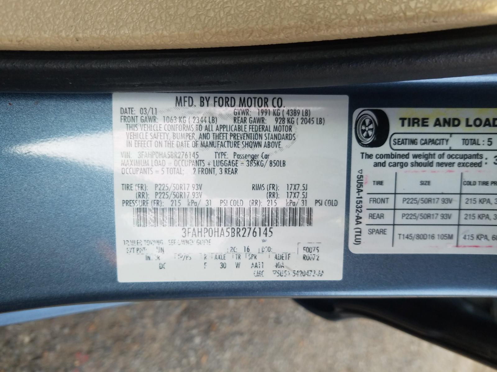 Photo 10 from auction – 2011 FORD FUSION SE with VIN 3FAHP0HA5BR276145