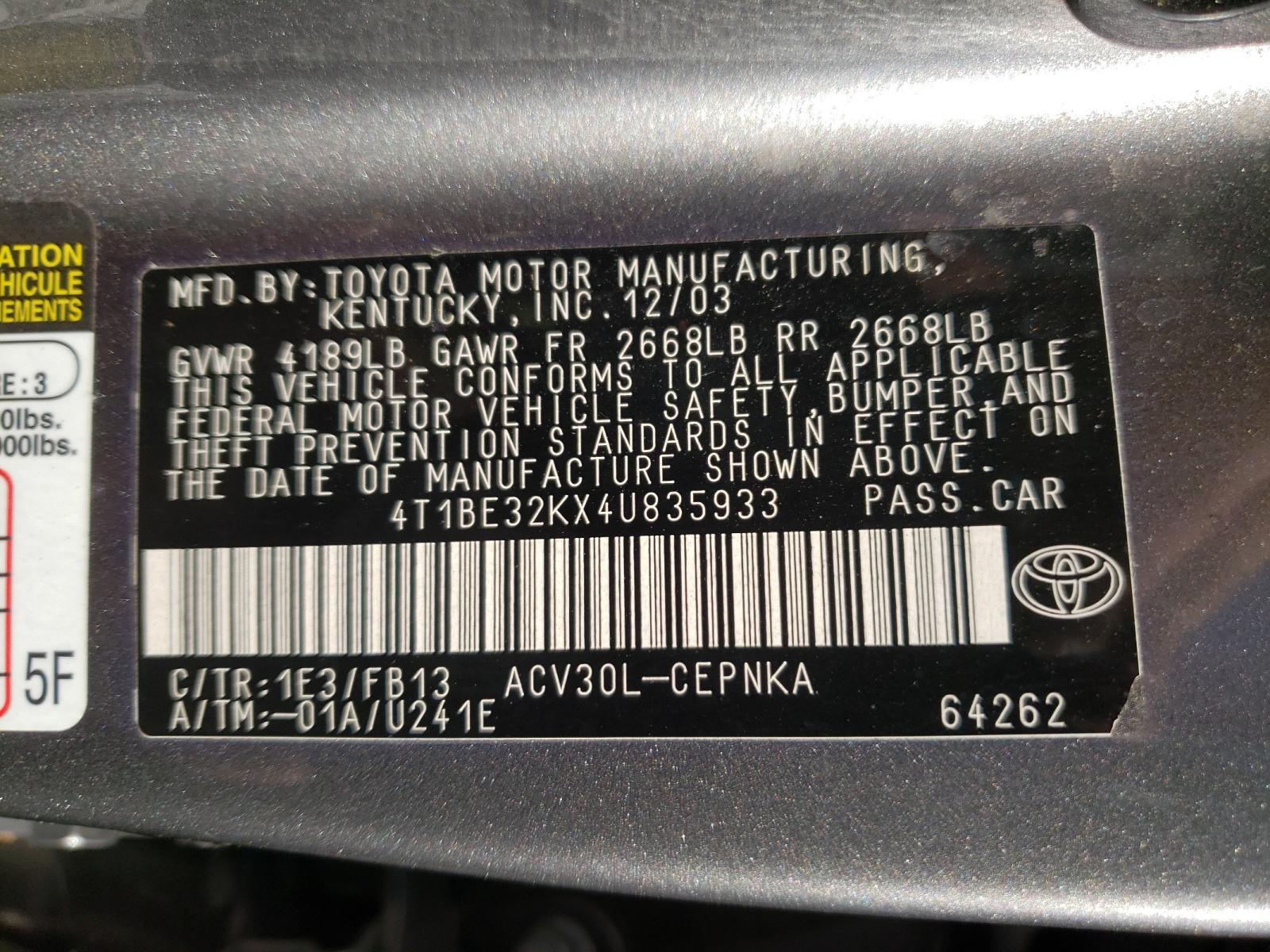 Photo 10 from auction – 2004 TOYOTA CAMRY LE with VIN 4T1BE32KX4U835933