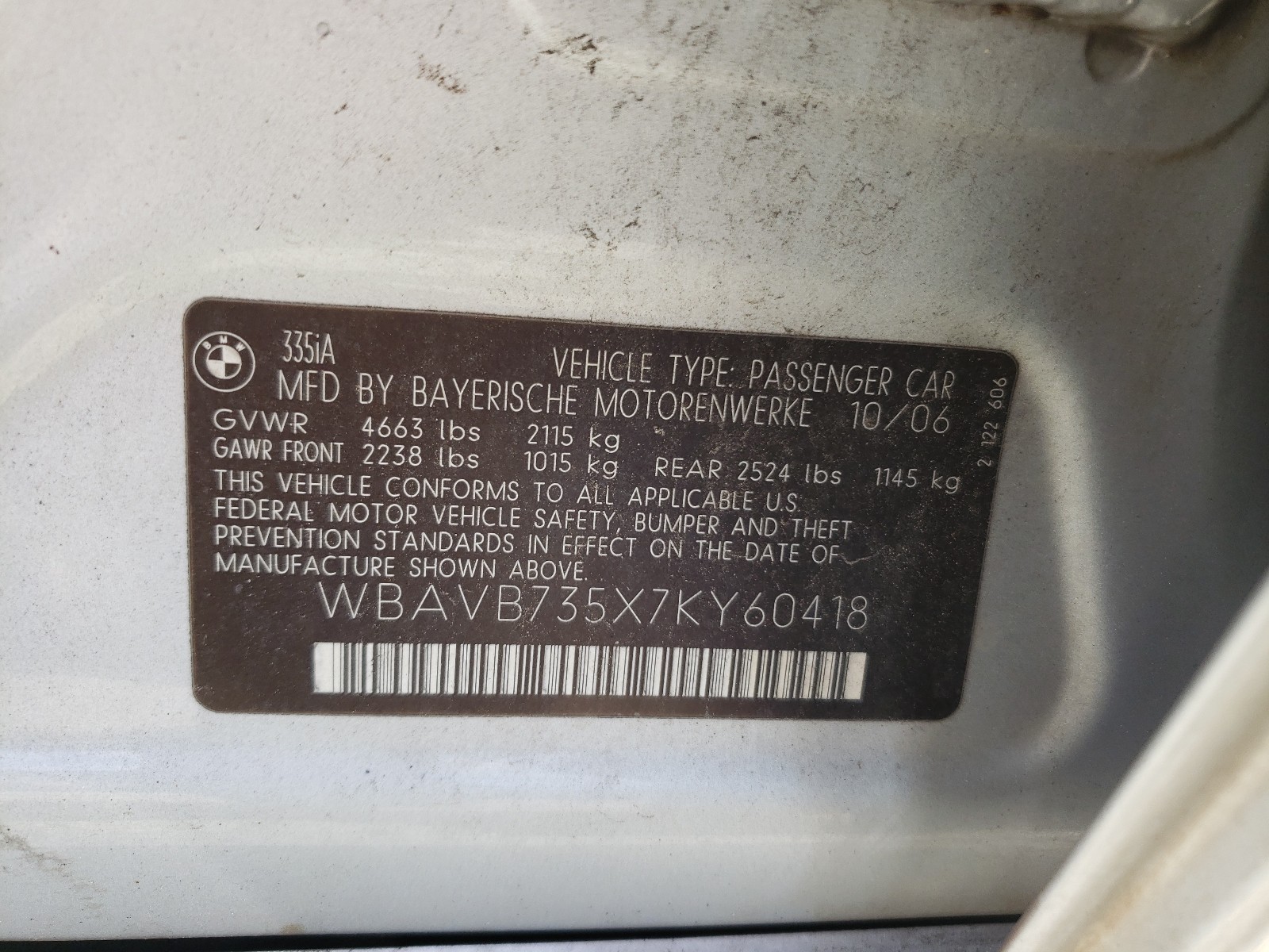 Photo 10 from auction – 2007 BMW 335 I with VIN WBAVB735X7KY60418