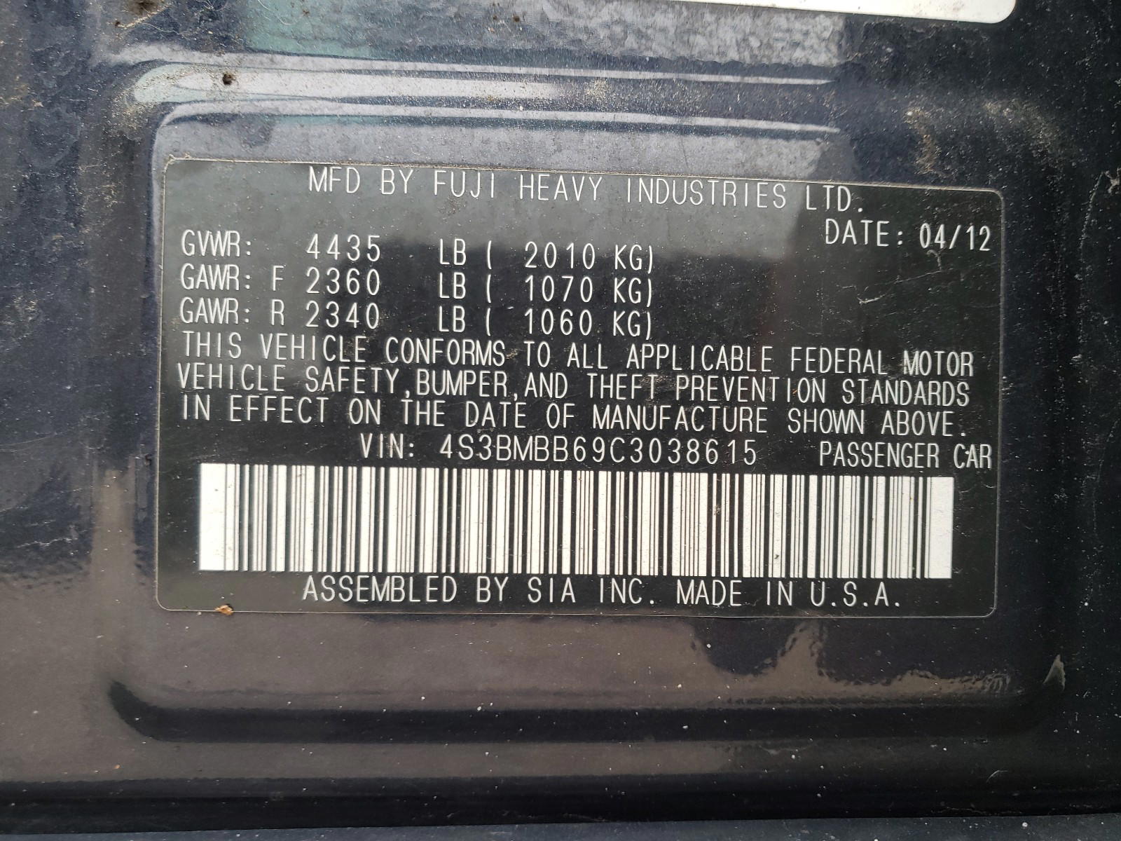 Photo 10 from auction – 2012 SUBARU LEGACY 2.5 with VIN 4S3BMBB69C3038615