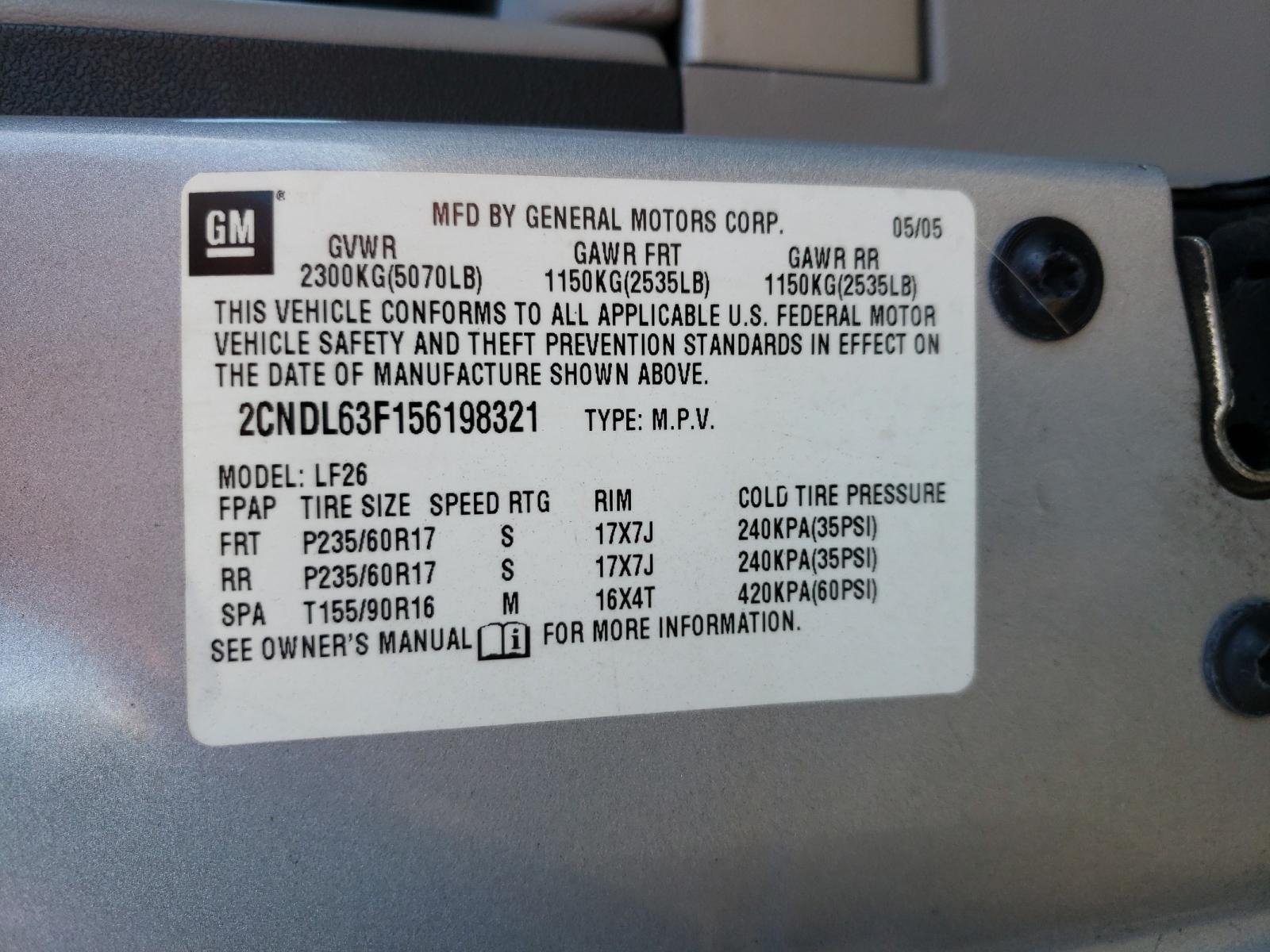 Photo 10 from auction – 2005 CHEVROLET EQUINOX LT with VIN 2CNDL63F156198321