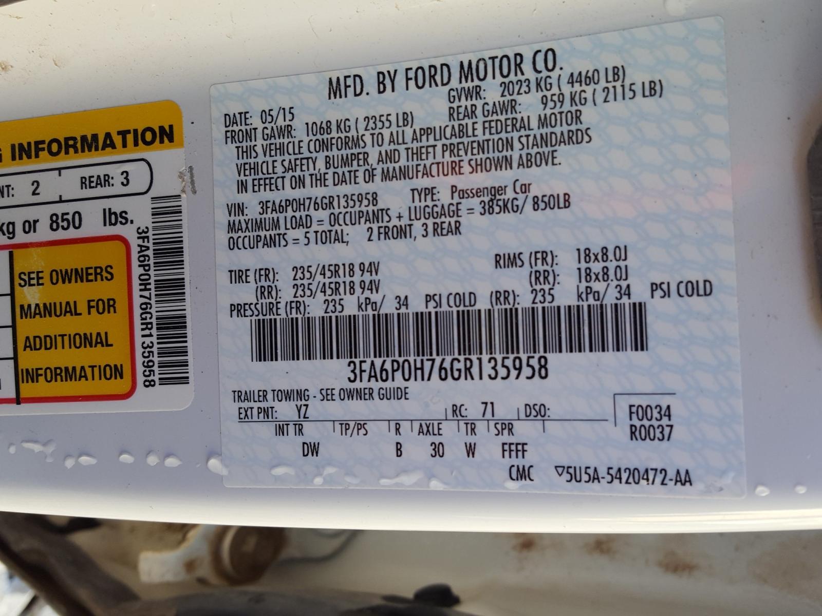 Photo 10 from auction – 2016 FORD FUSION SE with VIN 3FA6P0H76GR135958