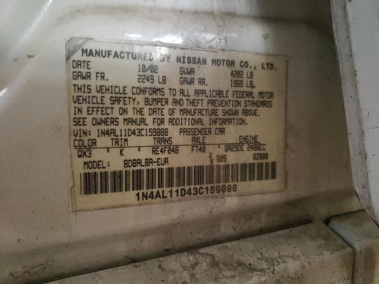 Photo 10 from auction – 2003 NISSAN ALTIMA BAS with VIN 1N4AL11D43C159888