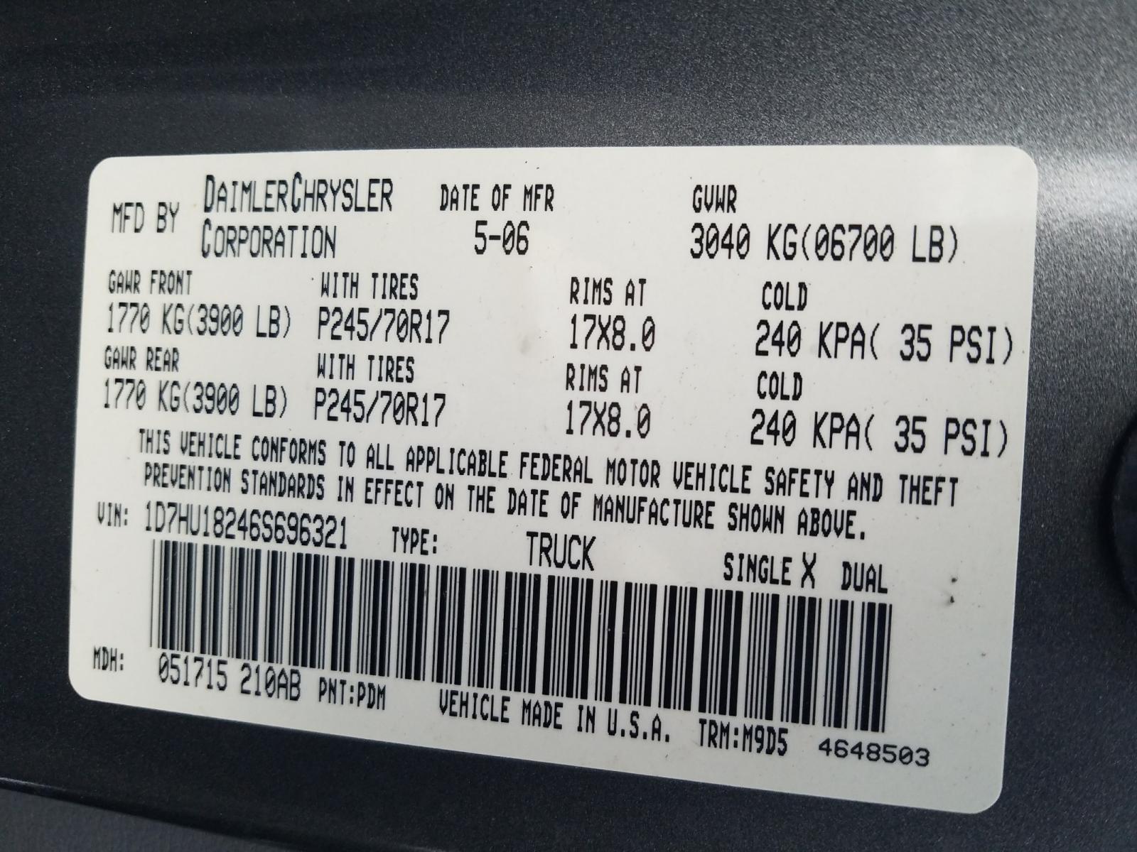 Photo 10 from auction – 2006 DODGE RAM 1500 S with VIN 1D7HU18246S696321