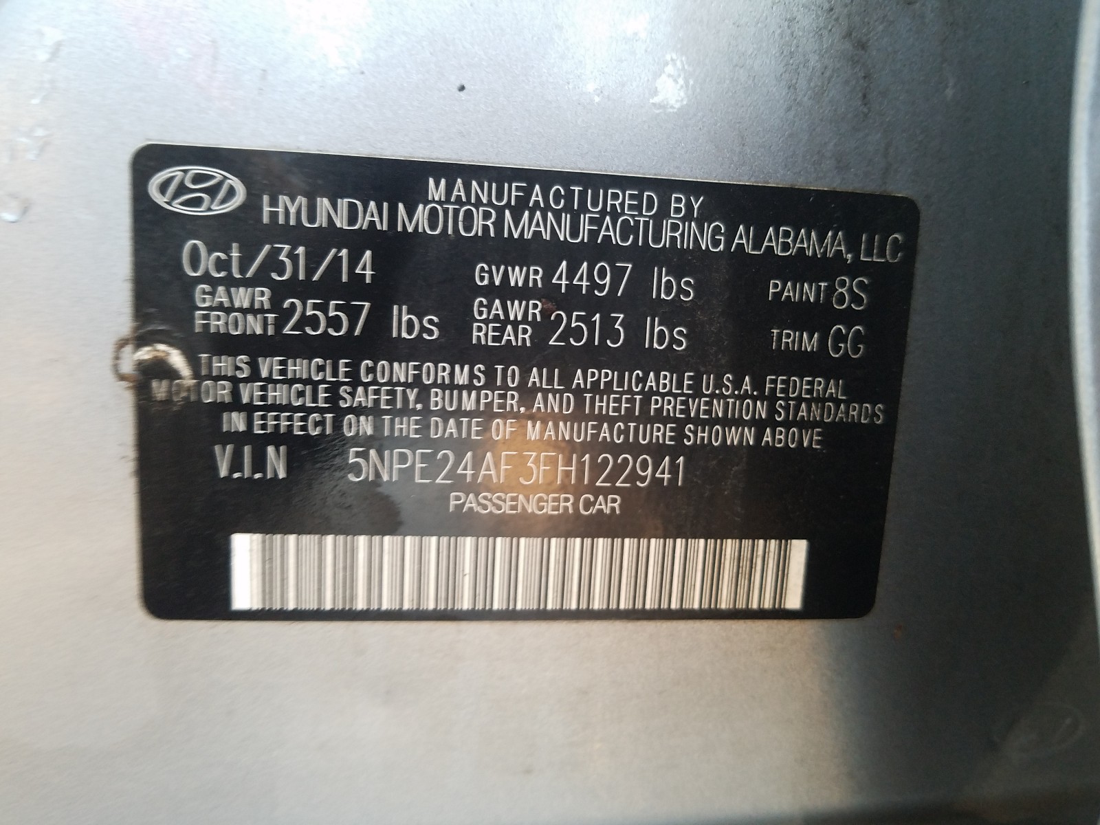 Photo 10 from auction – 2015 HYUNDAI SONATA SE with VIN 5NPE24AF3FH122941