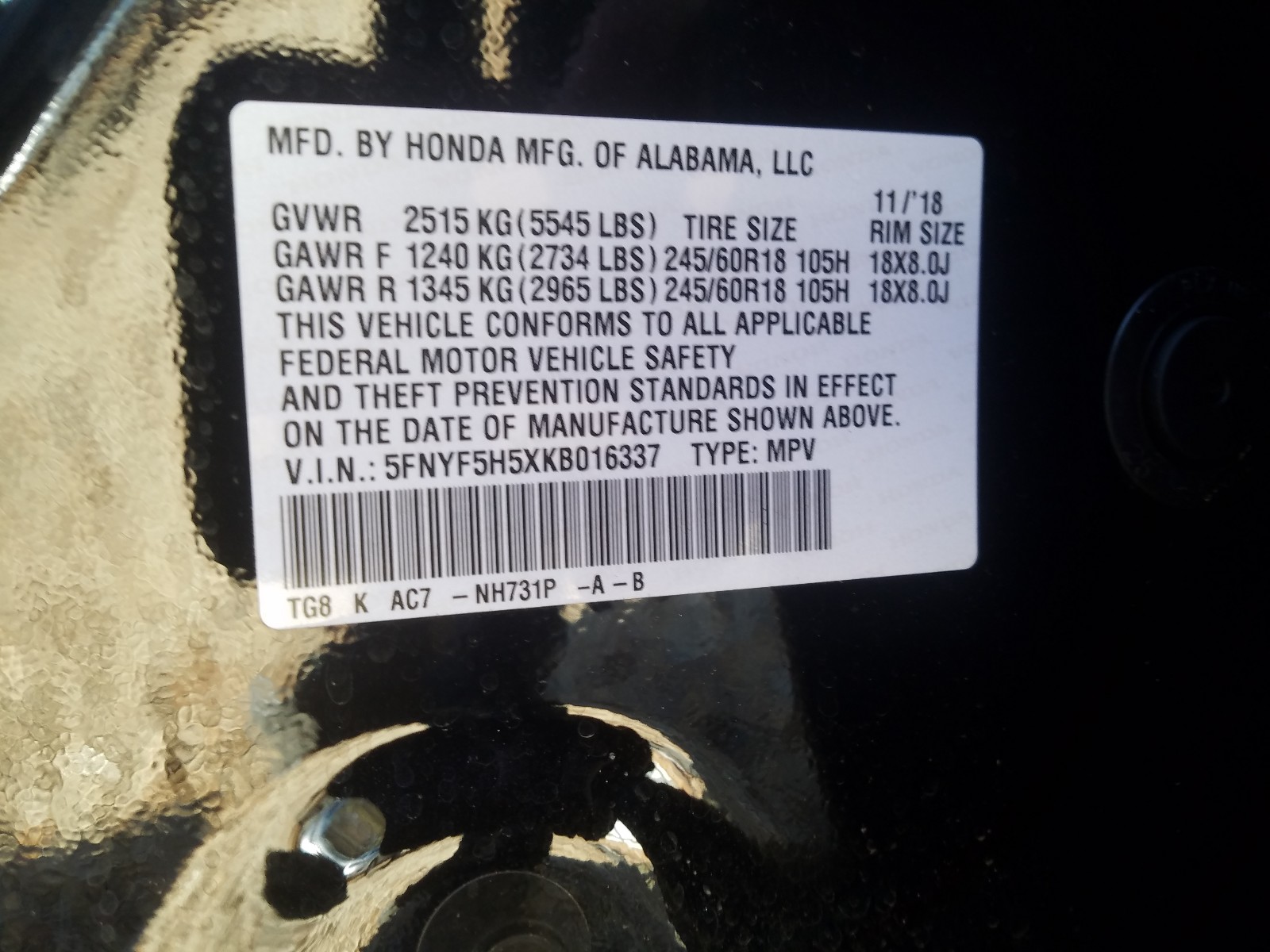Photo 10 from auction – 2019 HONDA PILOT EXL with VIN 5FNYF5H5XKB016337