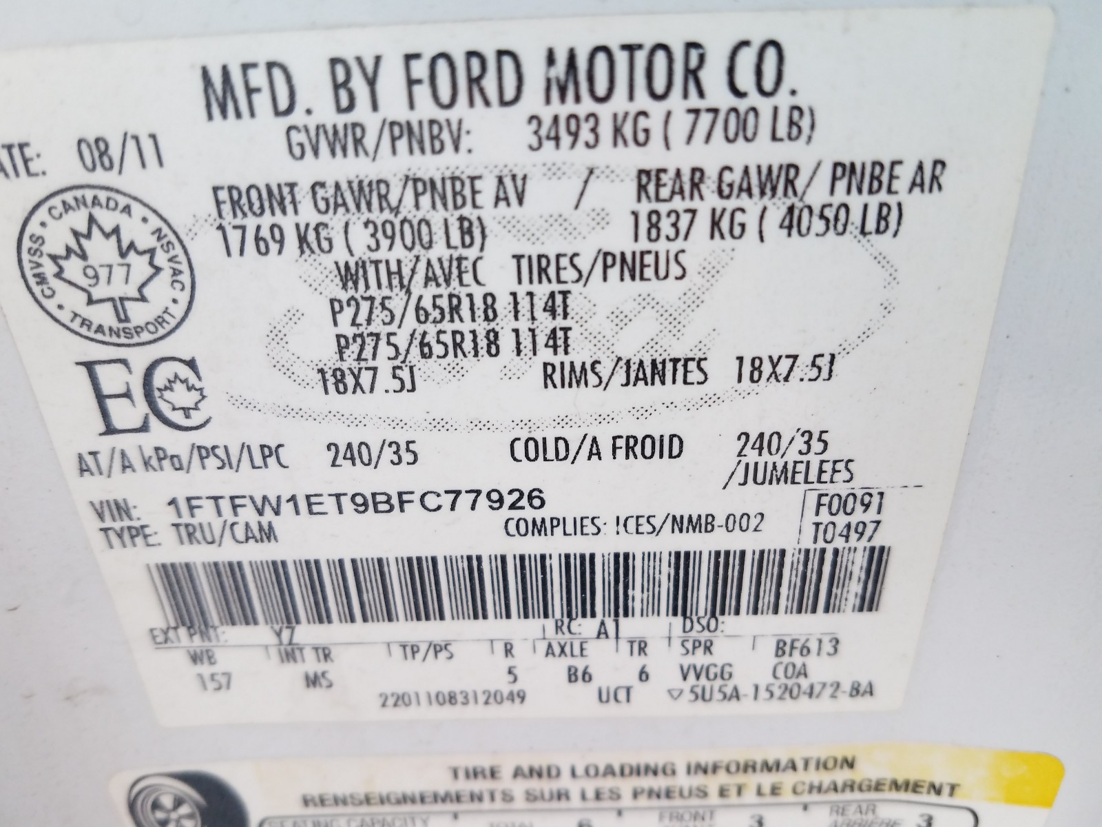 Photo 10 from auction – 2011 FORD F150 SUPER with VIN 1FTFW1ET9BFC77926