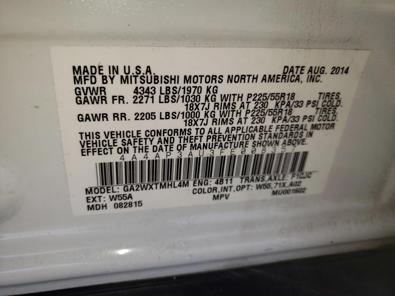Photo 10 from auction – 2015 MITSUBISHI OUTLANDER with VIN 4A4AP3AU3FE008357