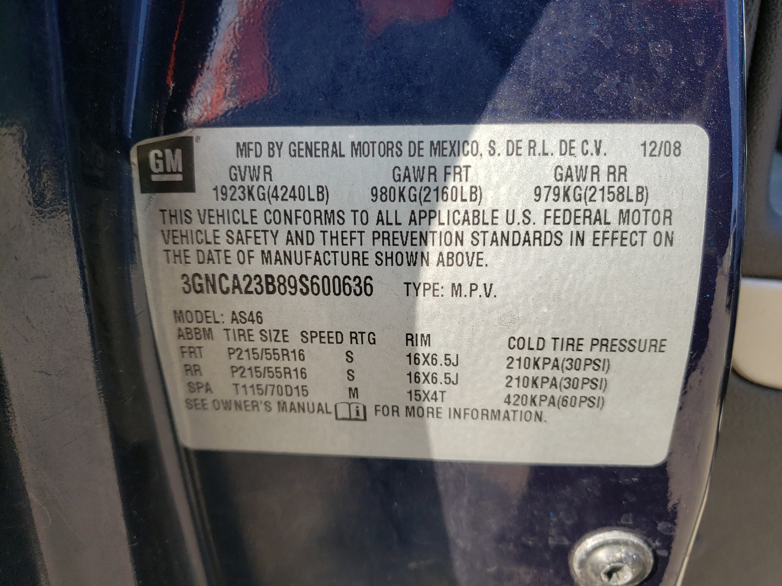 Photo 10 from auction – 2009 CHEVROLET HHR LT with VIN 3GNCA23B89S600636