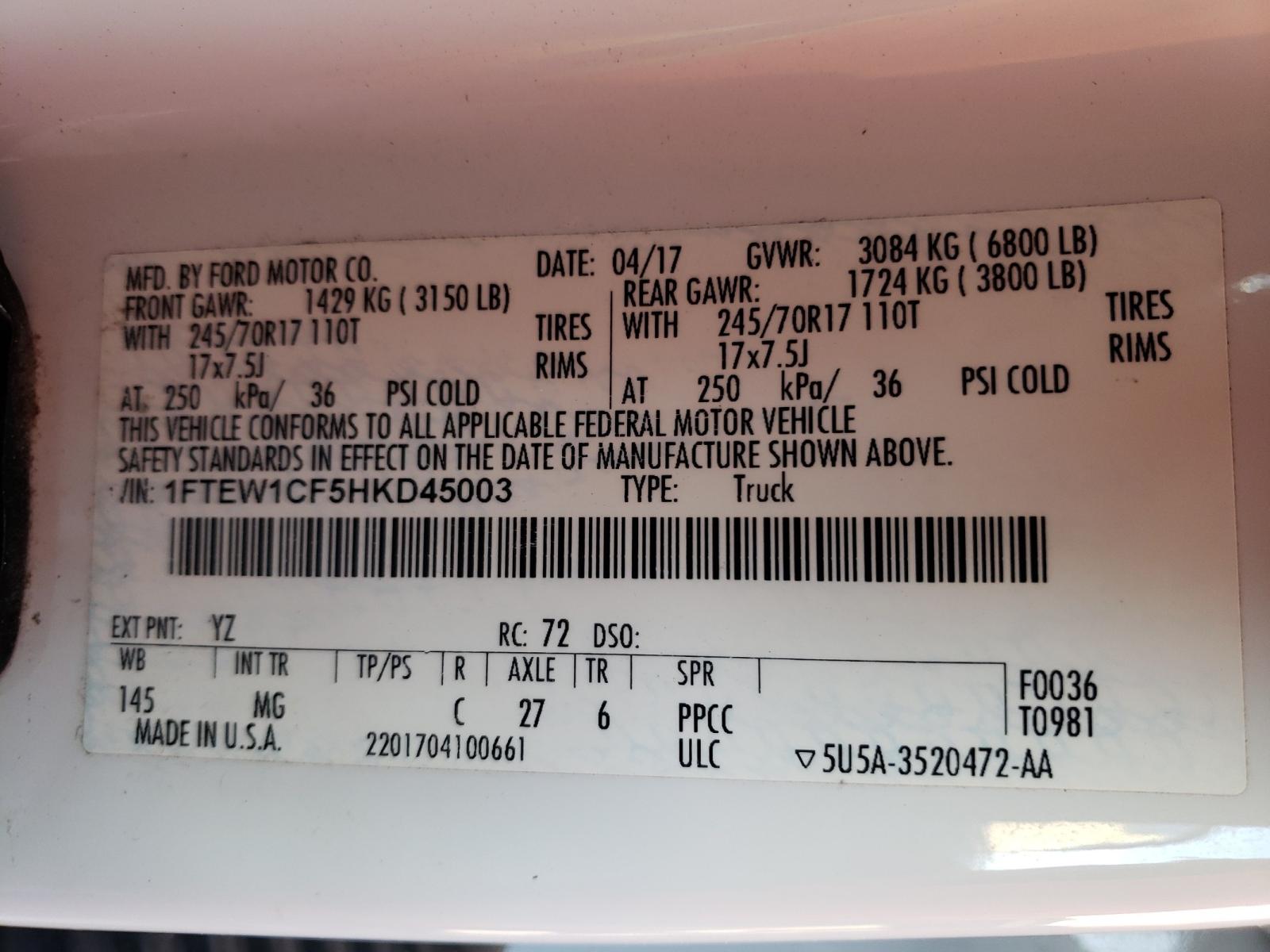 Photo 10 from auction – 2017 FORD F150 SUPER with VIN 1FTEW1CF5HKD45003