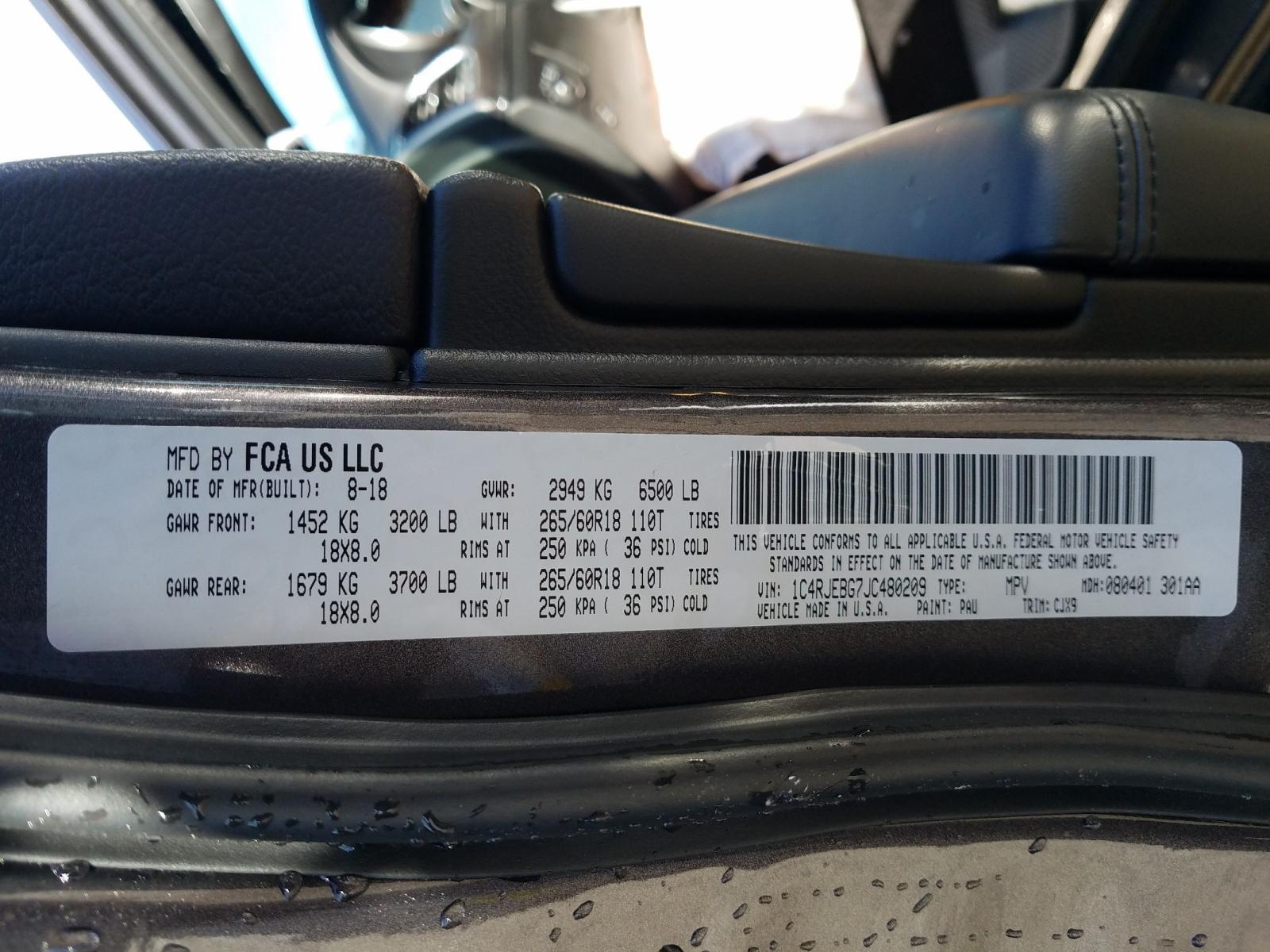 Photo 10 from auction – 2018 JEEP GRAND CHER with VIN 1C4RJEBG7JC480209
