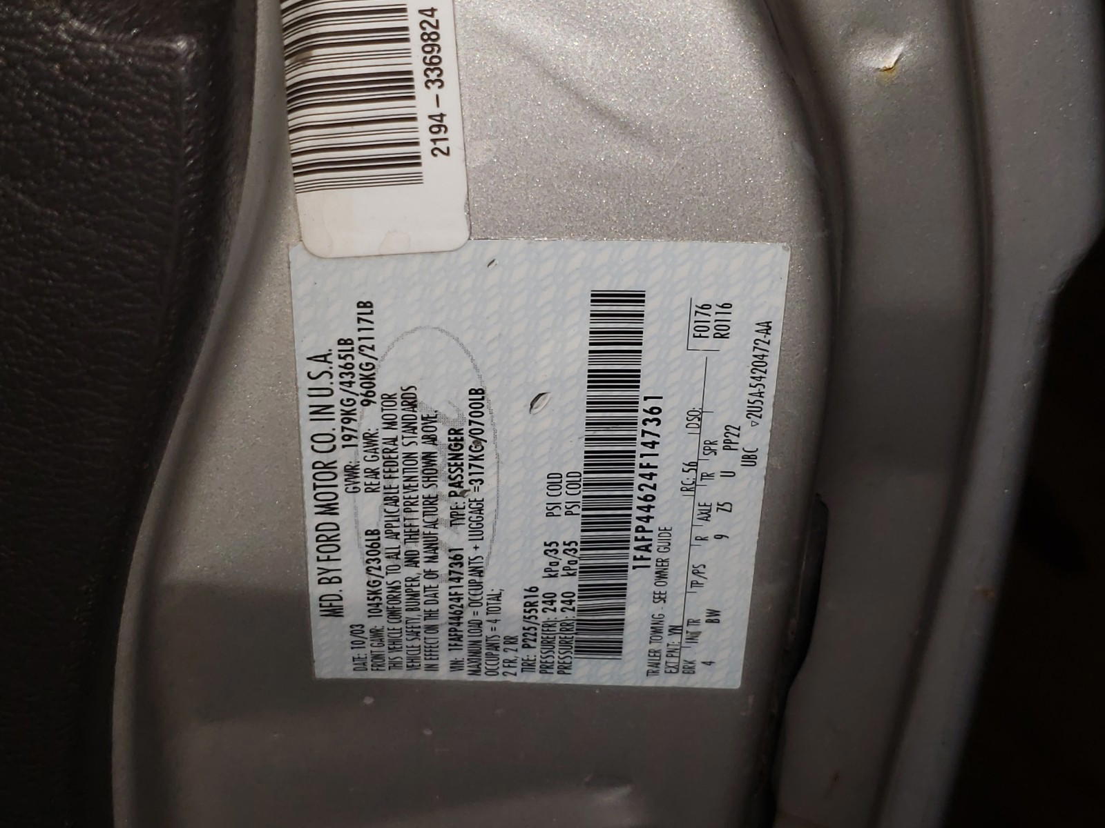 Photo 10 from auction – 2004 FORD MUSTANG with VIN 1FAFP44624F147361