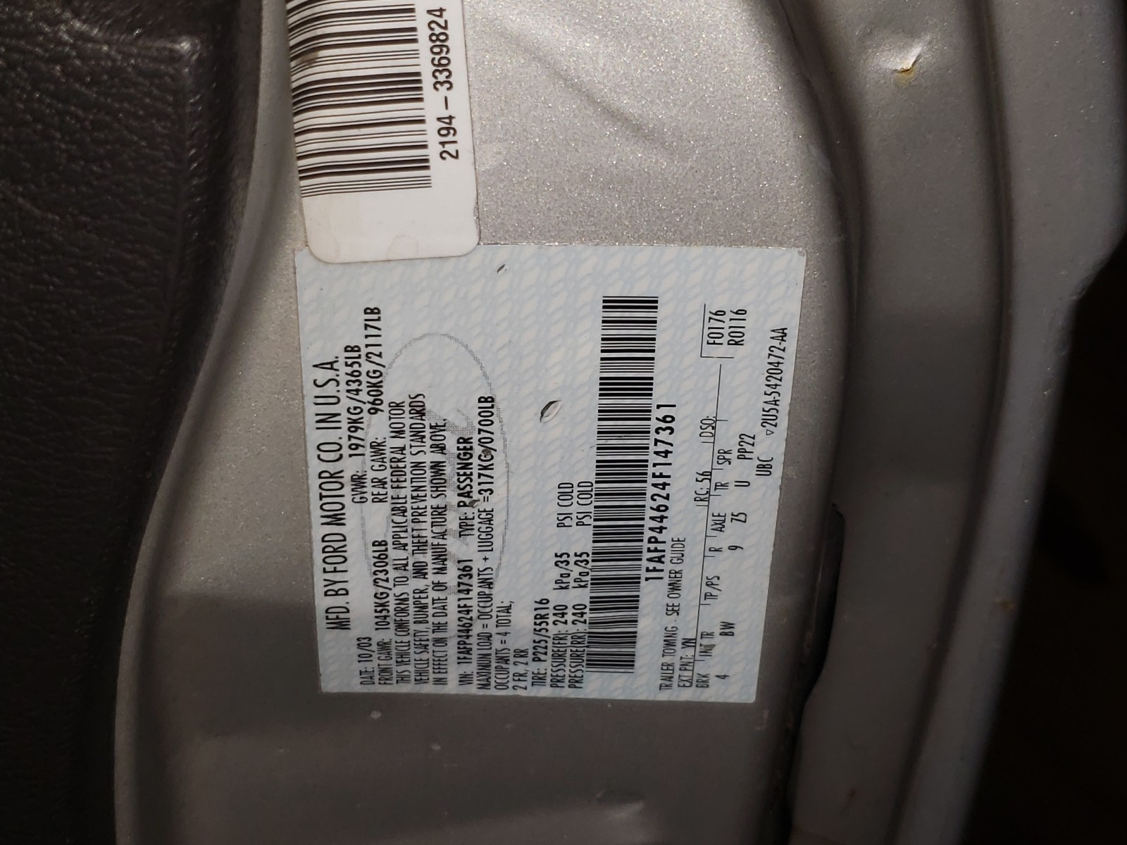 Zdjęcie 10 z aukcji – 2004 FORD MUSTANG z VIN 1FAFP44624F147361