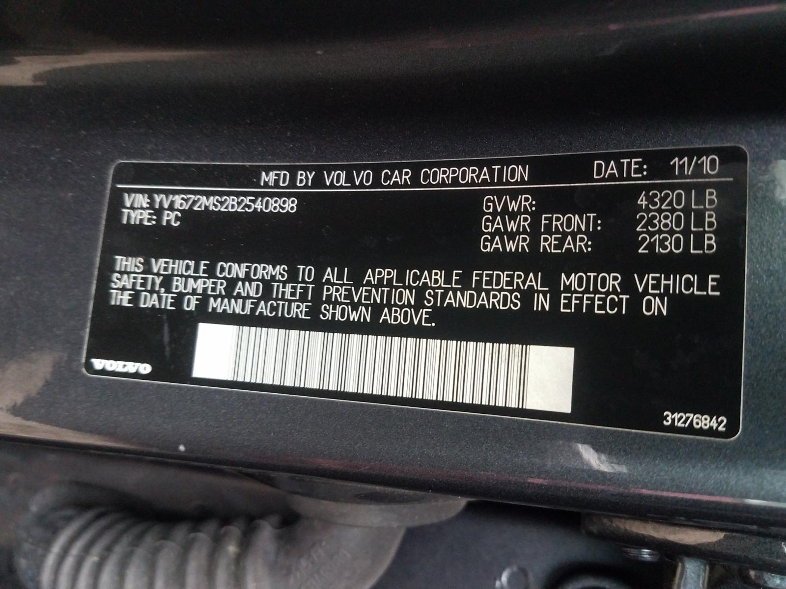 Photo 10 from auction – 2011 VOLVO S40 T5 with VIN YV1672MS2B2540898