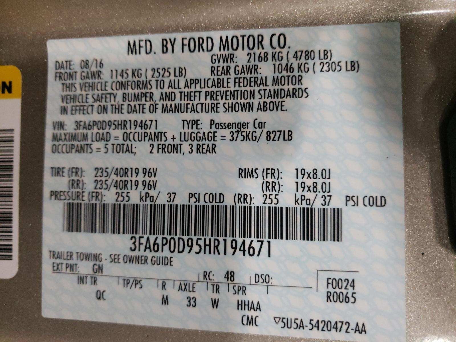 Photo 10 from auction – 2017 FORD FUSION TIT with VIN 3FA6P0D95HR194671