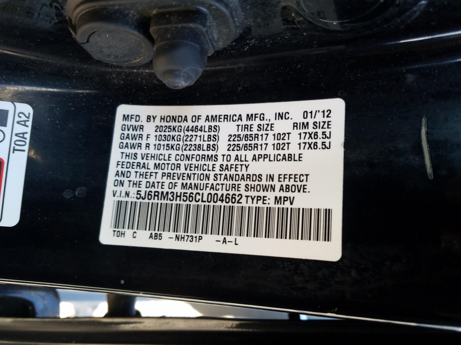 Photo 10 from auction – 2012 HONDA CR-V with VIN 5J6RM3H56CL004662