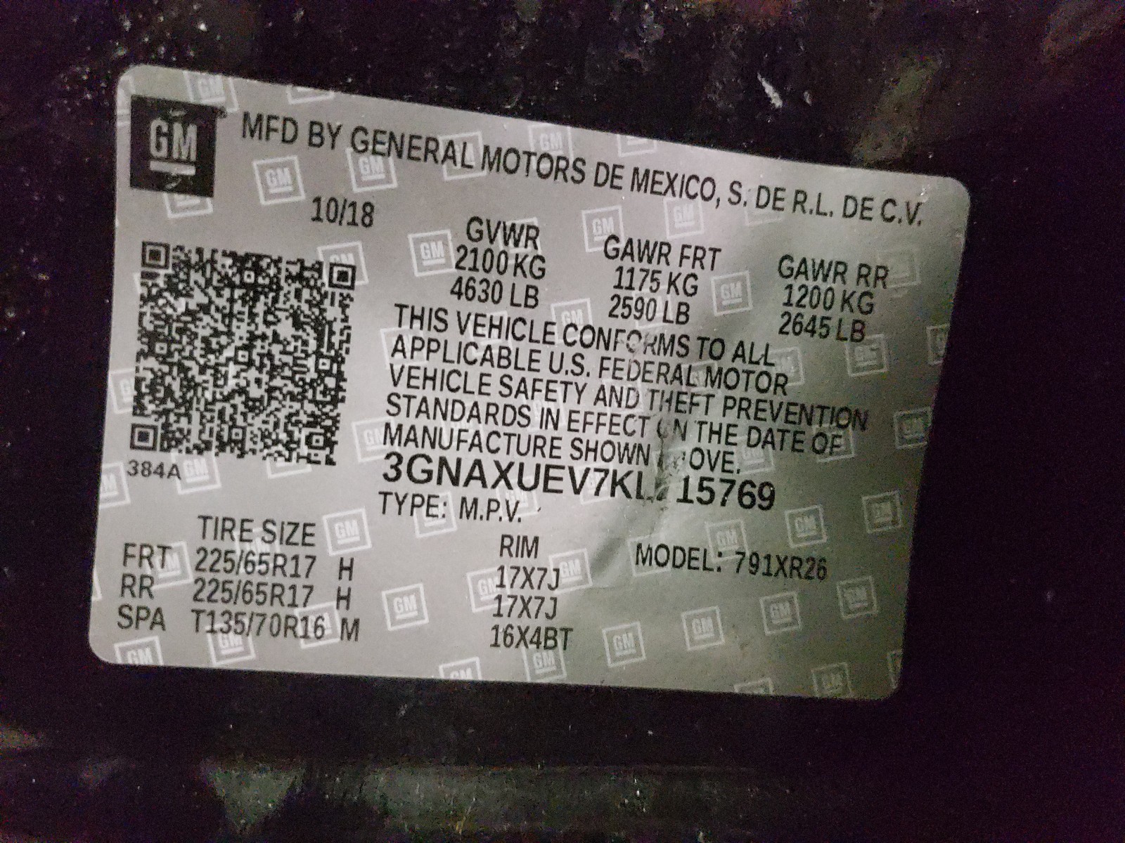 Photo 10 from auction – 2019 CHEVROLET EQUINOX LT with VIN 3GNAXUEV7KL215769