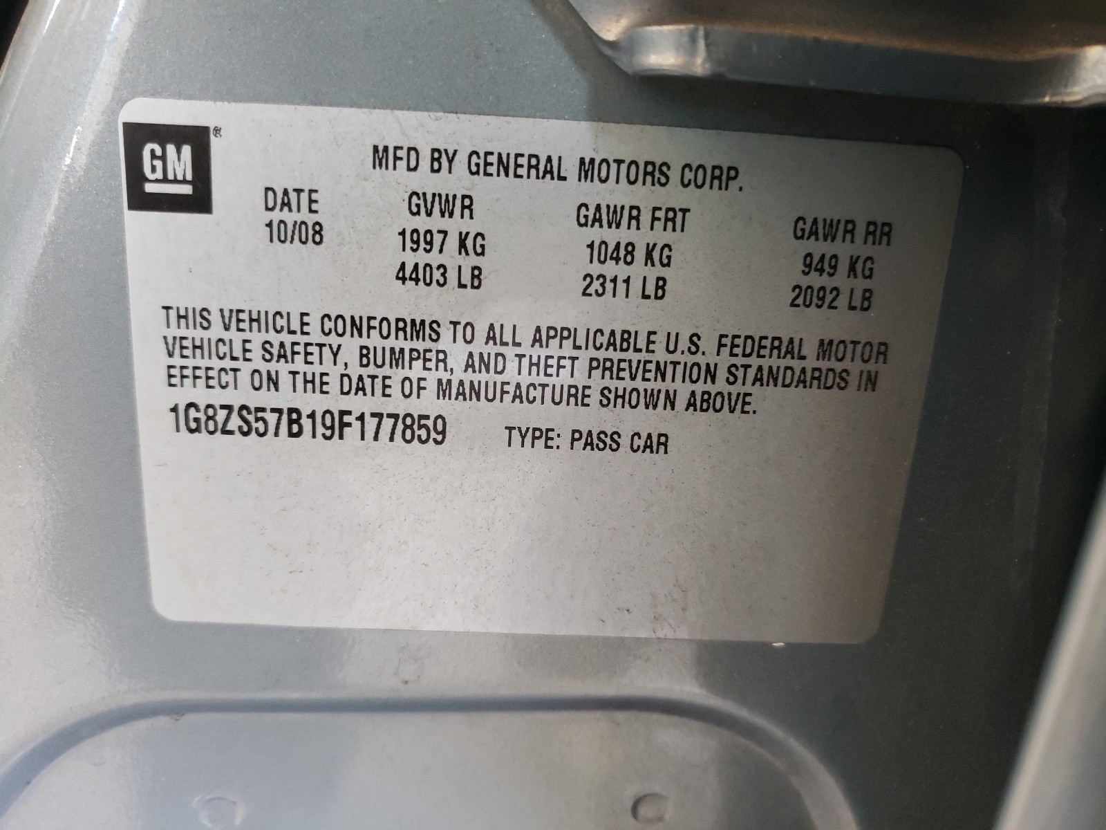 Photo 10 from auction – 2009 SATURN AURA XE with VIN 1G8ZS57B19F177859
