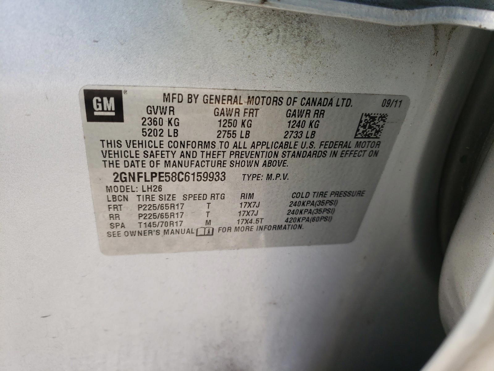 Photo 10 from auction – 2012 CHEVROLET EQUINOX LT with VIN 2GNFLPE58C6159933