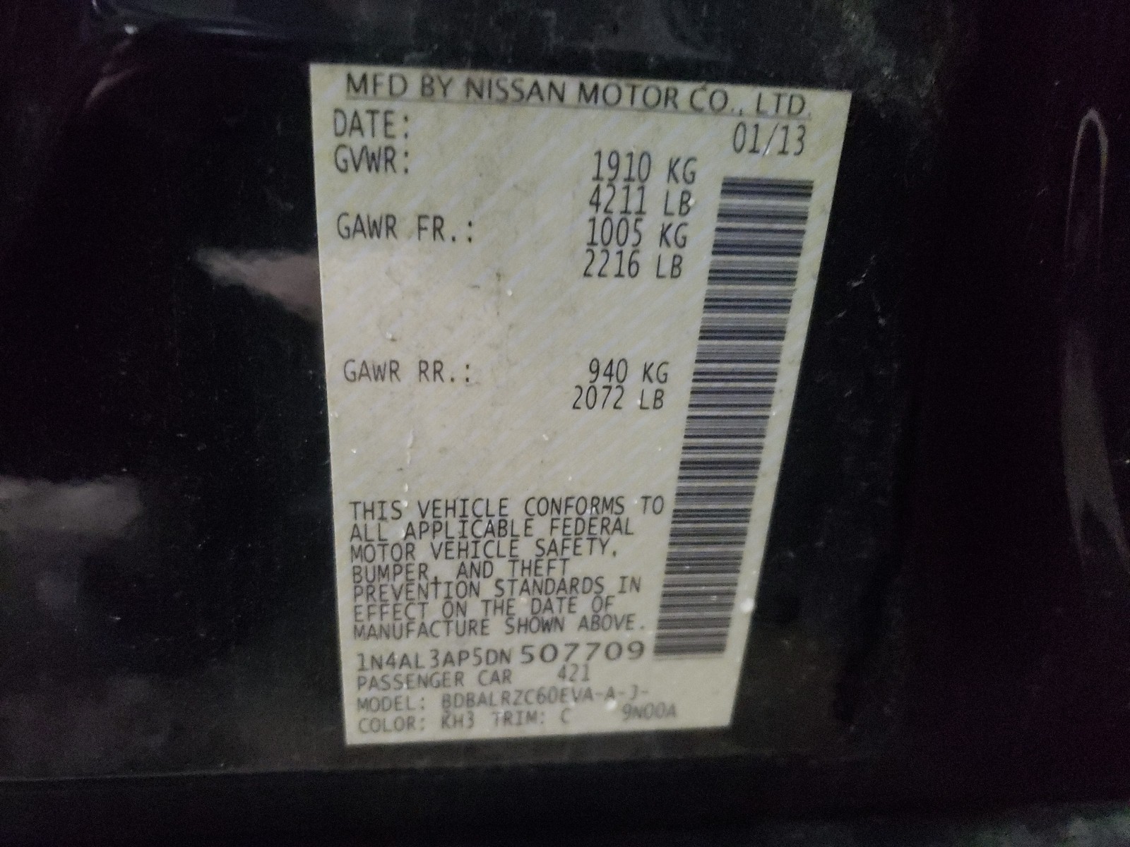 Photo 10 from auction – 2013 NISSAN ALTIMA 2.5 with VIN 1N4AL3AP5DN507709