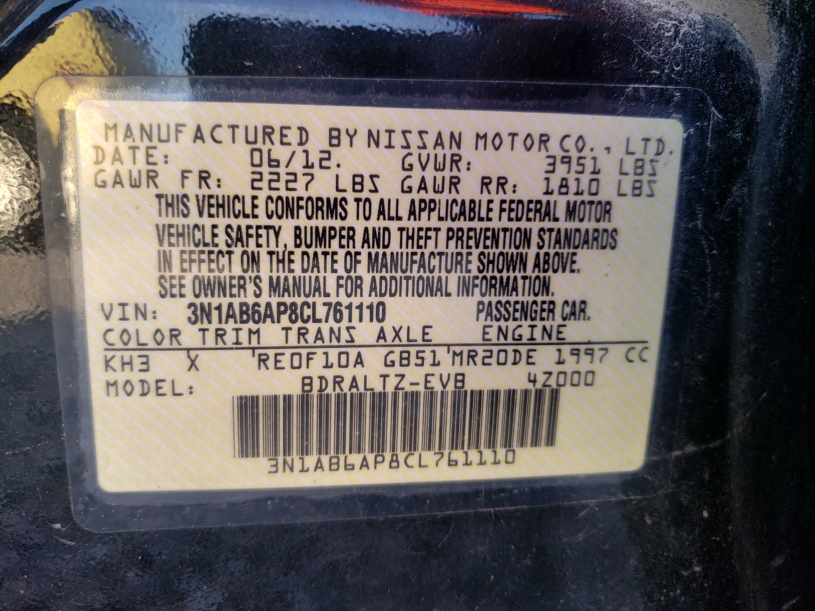 Photo 10 from auction – 2012 NISSAN SENTRA 2.0 with VIN 3N1AB6AP8CL761110