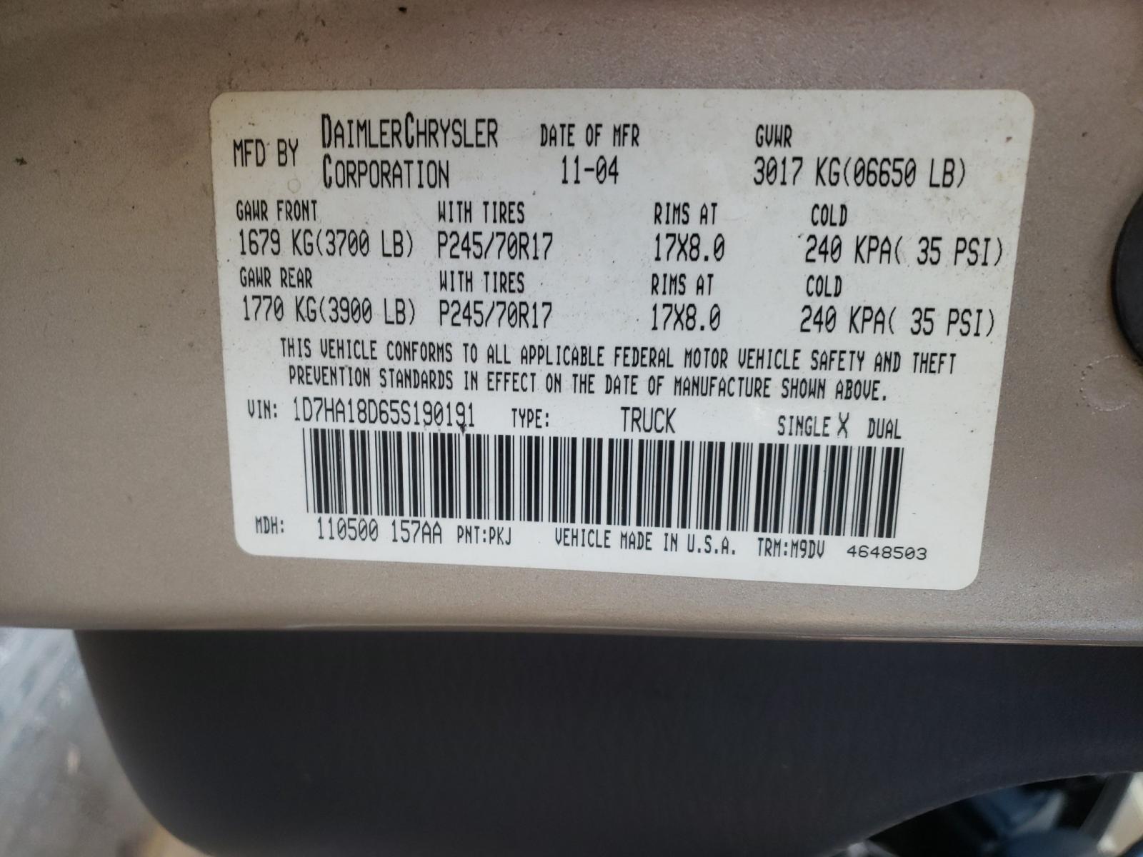 Photo 10 from auction – 2005 DODGE RAM 1500 with VIN 1D7HA18D65S190191