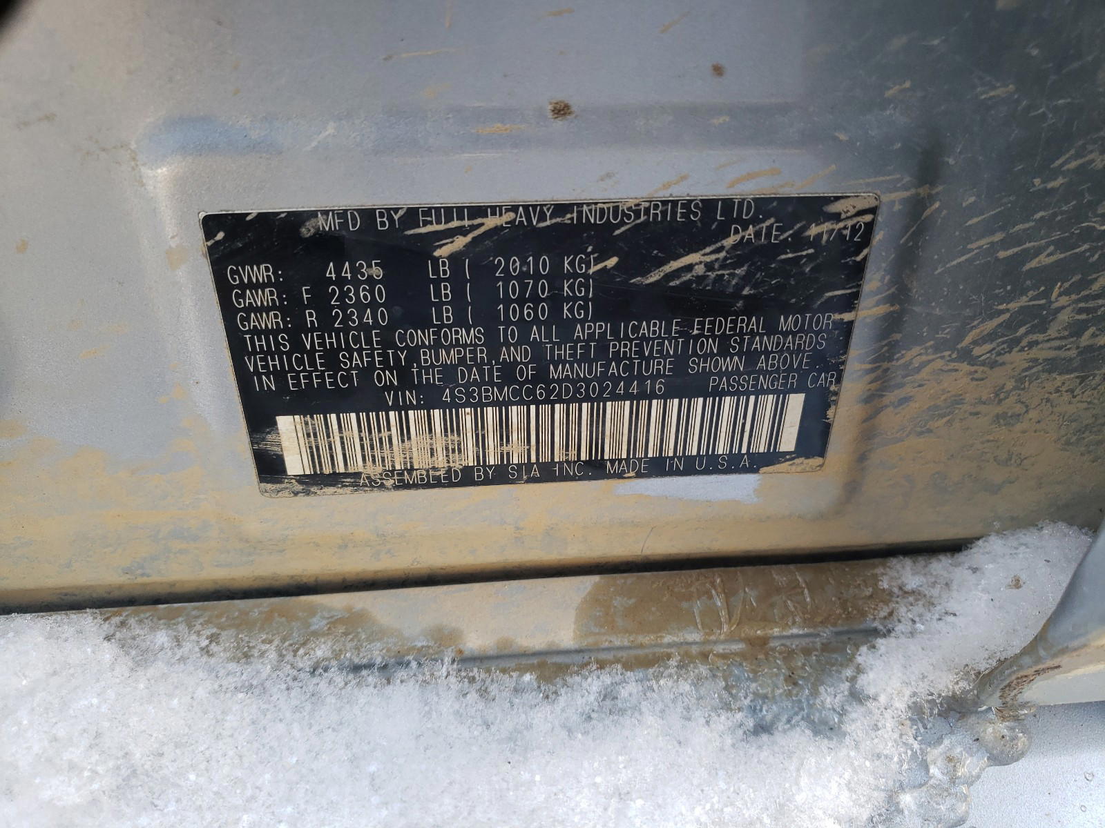 Photo 10 from auction – 2013 SUBARU LEGACY 2.5 with VIN 4S3BMCC62D3024416