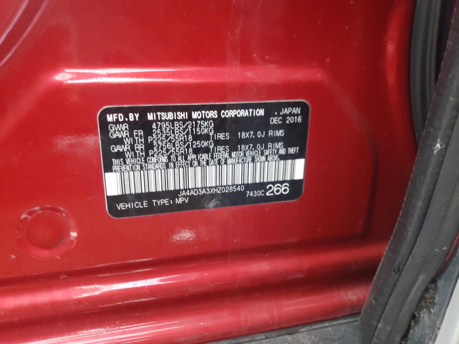 Photo 10 from auction – 2017 MITSUBISHI OUTLANDER with VIN JA4AD3A3XHZ028540